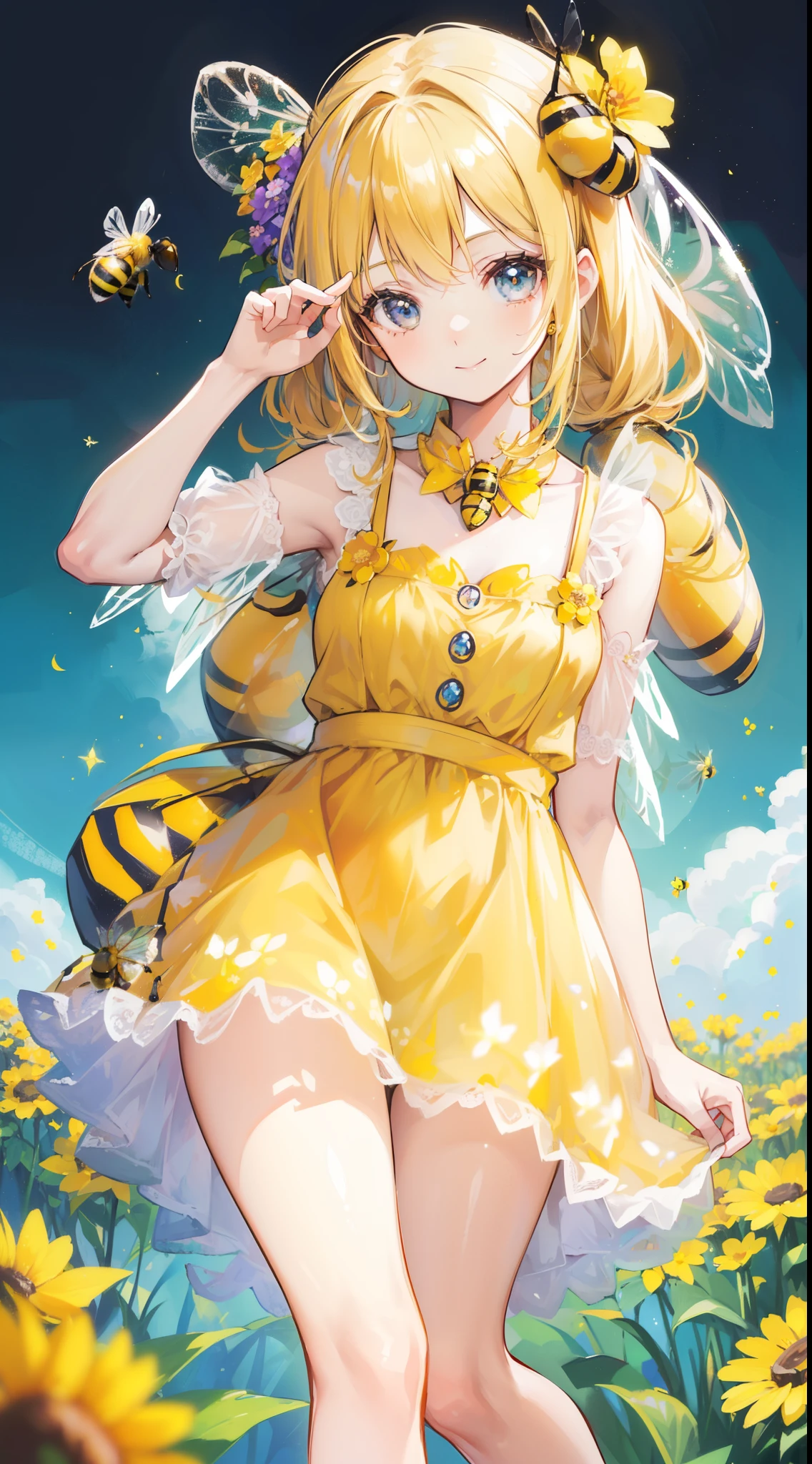 (32k), (beautiful cute girl), (((bee))), (bee ornament), (((bee dress))), (((many bee))), (((background of many flowers
))), (beautiful world), (cute world), smile,