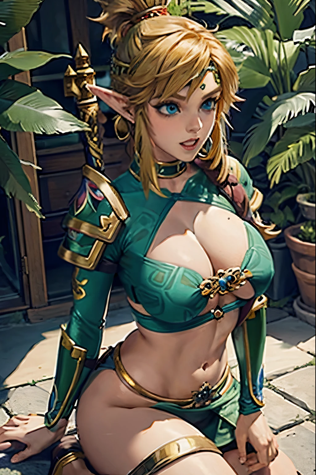 Link, The legend of Zelda, obra de arte, melhor qualidade, (parte mestree, melhor qualidade;1.3), extremamente detalhado ,ultra detalhado, 1 garota,sozinho, seios pequenos, ornamento de cabelo, Brincos, Olhando para o Viewer, In general, big penis, bimbo, bodysuit, cock worship, sexual passion, big breasts, makeup lips, obsessed, open mouth, teeth teasing