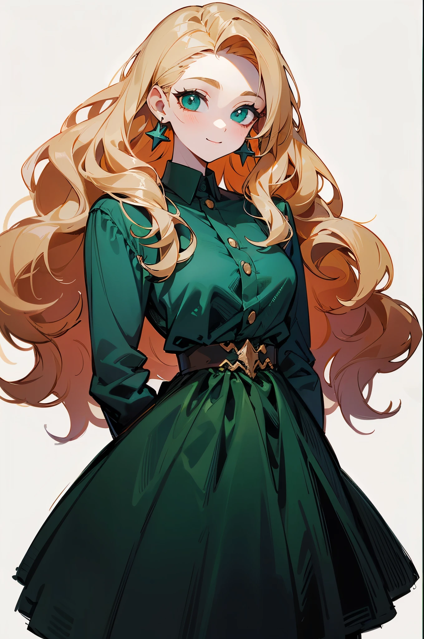 1girl, solo, standing, muture female, highly detailed, vibrant colors, composite lighting, professional shading, (white background:1.5), (blank background:1.5), masculine shapes, sharp and crisp image, high quality textures, perfectly structured, natural proportions, slender, smile, pale skin, (blonde hair), (wavy hair), long hair, green eyes, (casual dress), American fashion, earrings, jewelry,