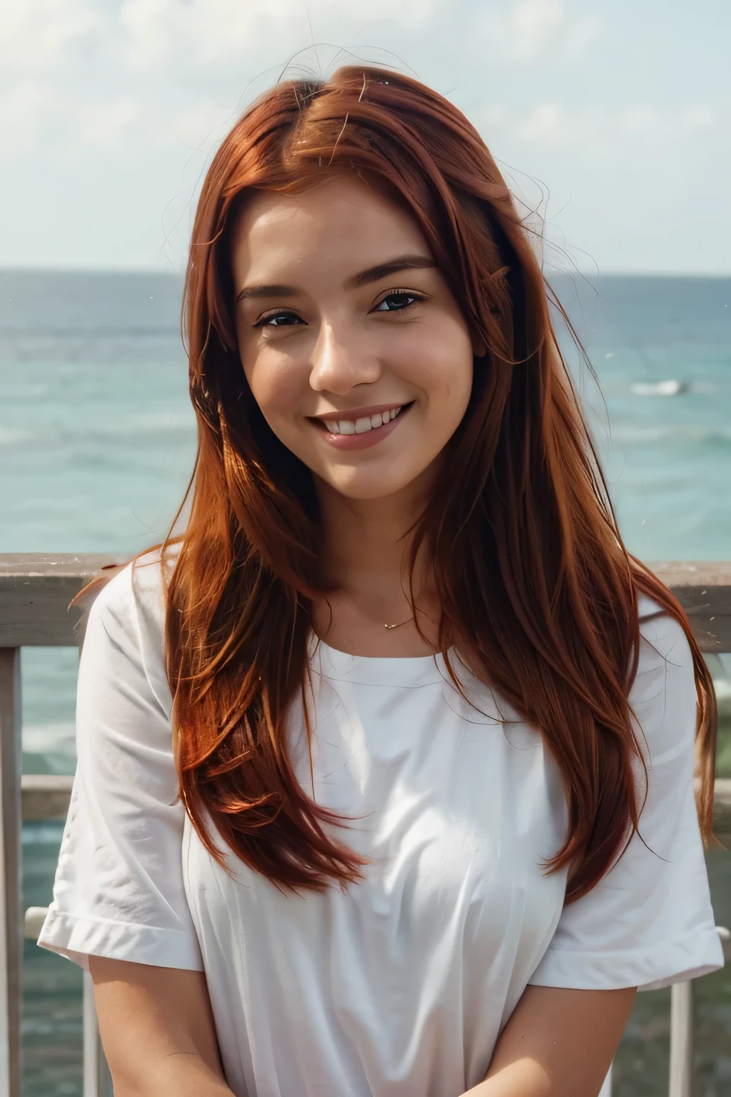 The same cute instagram girl standign and looking at the sea, red hair, smilling