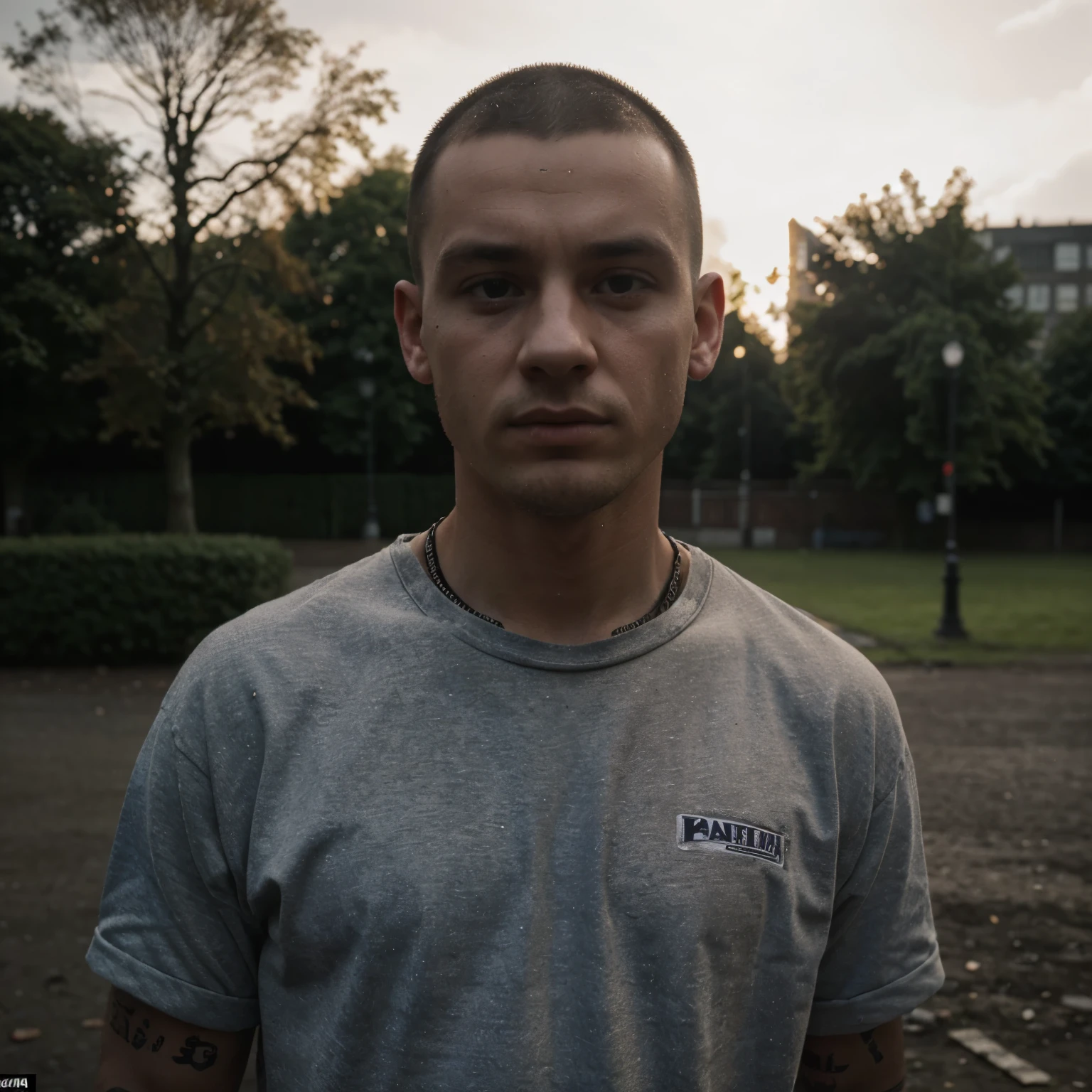 masterpiece, best quality, 1boy, 30 year old, chav, rough, dirty, Mancunian, mean, bully, druggie, skinhead, (park background), realistic, dramatic lighting, atmospheric, intricate detail