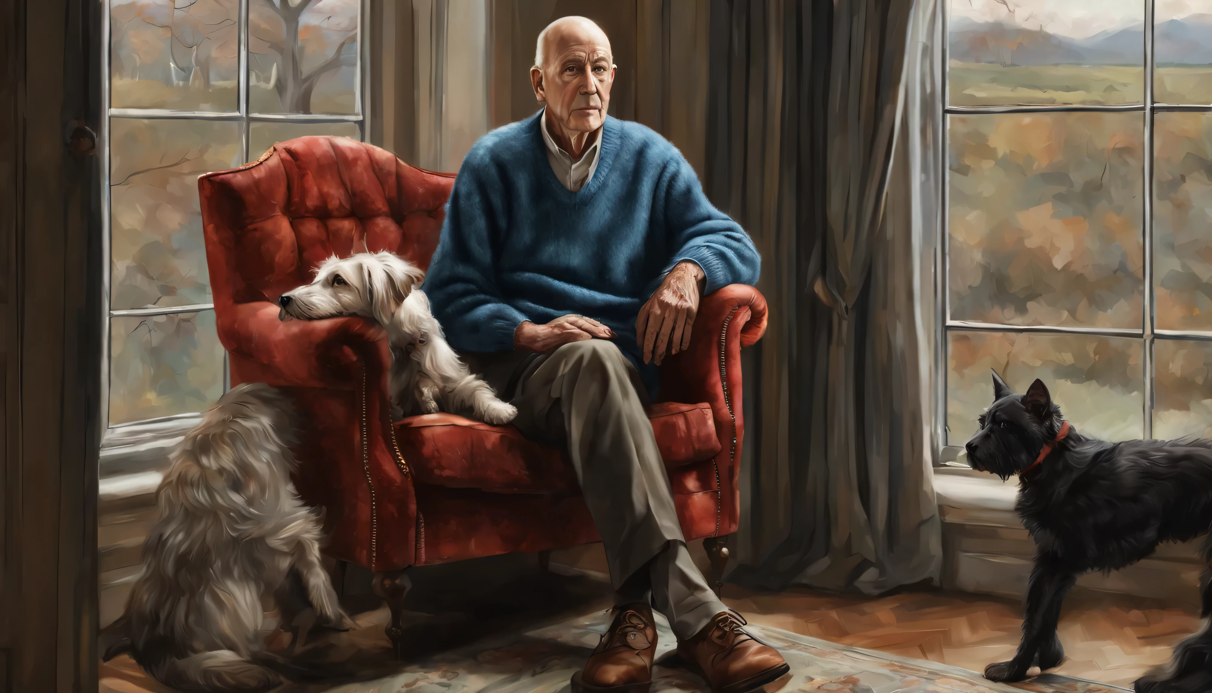 Photorealistic portrait of a 60-year-old man.+ Years, with a bald head, in a blue chunky knit sweater, sitting in the armchair, A huge wolfhound dog sits nearby, Red terrier lying on a man&#39;legs, black cat sits on the back of a chair, against the backdrop of a large panoramic window, on the windowsill of which a cat and a cat are sitting, masterpiece! elegant portrait, royal portrait painting, Digital painting, royal portrait, элегантная Digital painting