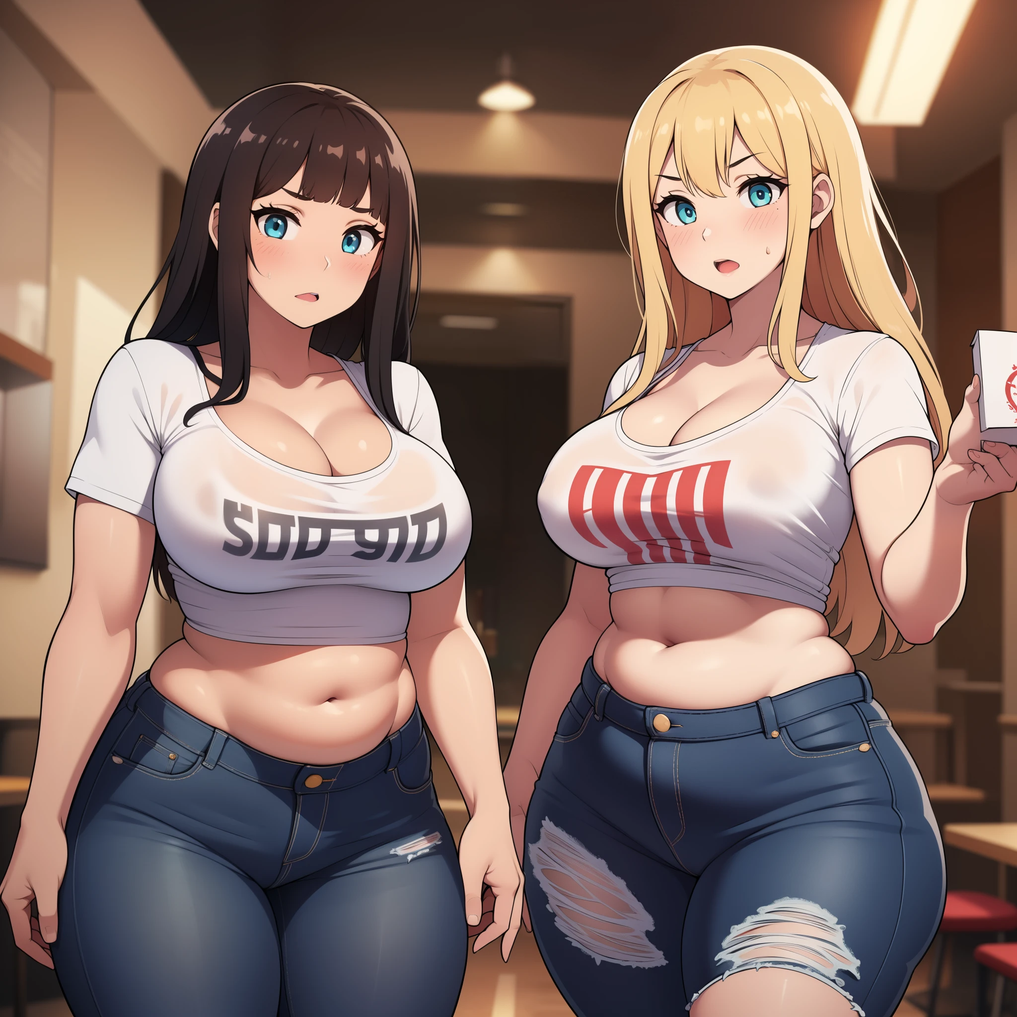 ((highres)), Masterpiece, high quality, best quality, beautiful, perfect lighting, detailed face, ultra cute face, (blush), ((2girls)), one girl has blonde hair, blue eyes, crop top and shorts, one girl has brown hair, green eyes, jeans, white shirt, tight clothes, one girl has, fast food restaurant, medium breasts, cleavage, ((wide hips)), (thick thighs), ((chubby)), pudgy belly, fat folds, standing,