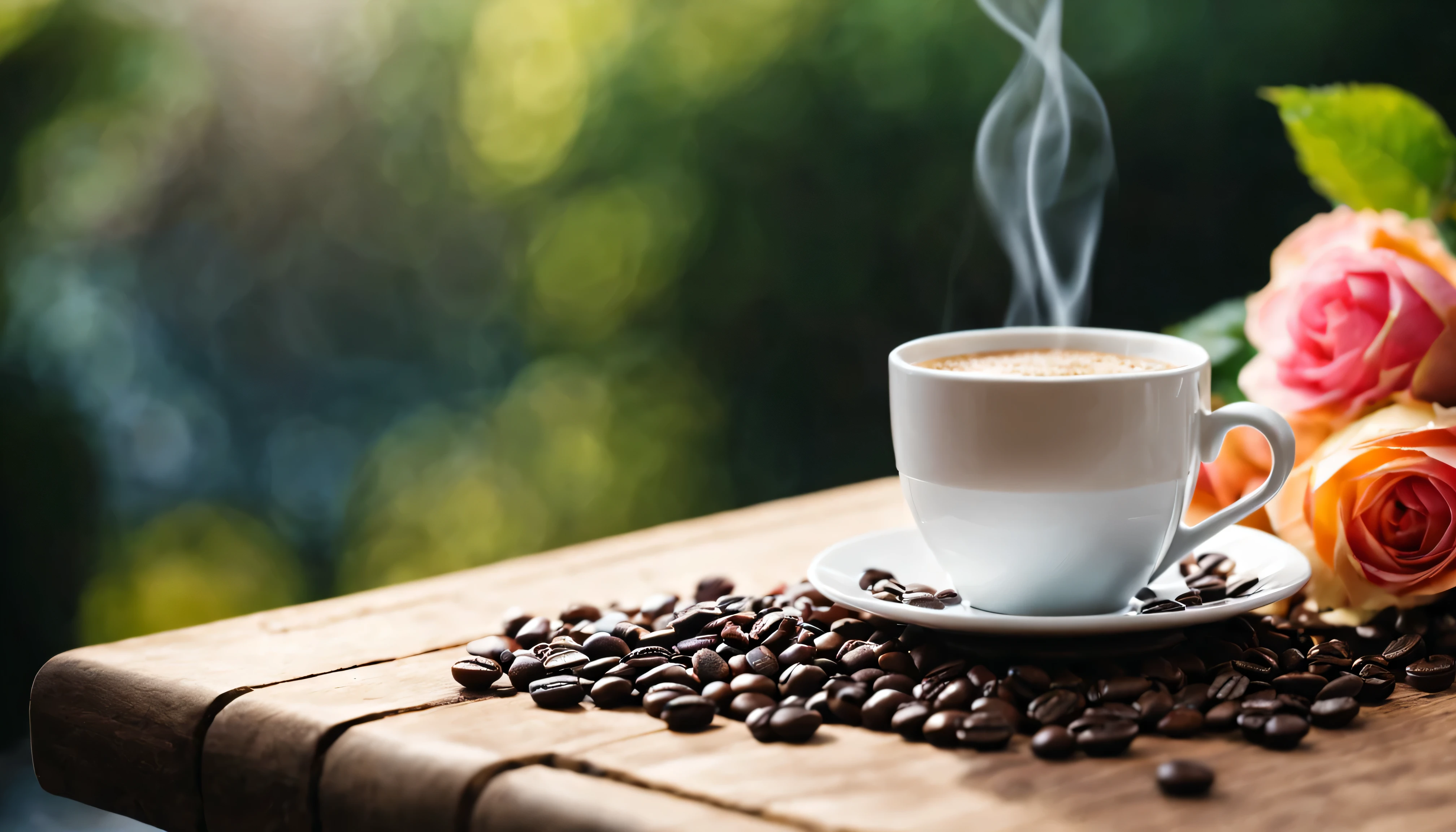 Best still life composition(best quality,4K,8k,high resolution,masterpiece:1.2),super detailed,(actual,photoactual,photo-actual:1.37),Coffee smoking slightly in white ceramic cup.Artist coffee impression.White sweater with clear texture，Wrinkles arranged randomly..apple.Sophisticated and elegant.A bouquet of bright pink and orange roses lying flat, seen from above(Lie flat on the table)..modern style.Fresh coffee beans on a wooden bench next to.core and texture. Freshness and flavor.super detailed.（Super quality，super detailed，super complex，extremely complex）Soft and natural light and shadow.Reverse fragrance.no humans.super wide angle, (Detailed texture),Background covered with film grain, natural soft light,(morning view.warm sunshine in the morning)Ray tracing, Vignetting, Wide-angle lens, super wide angle, best qualitycinematic lighting, depth of field, Outer border, negative space, Masthead image with mailbox