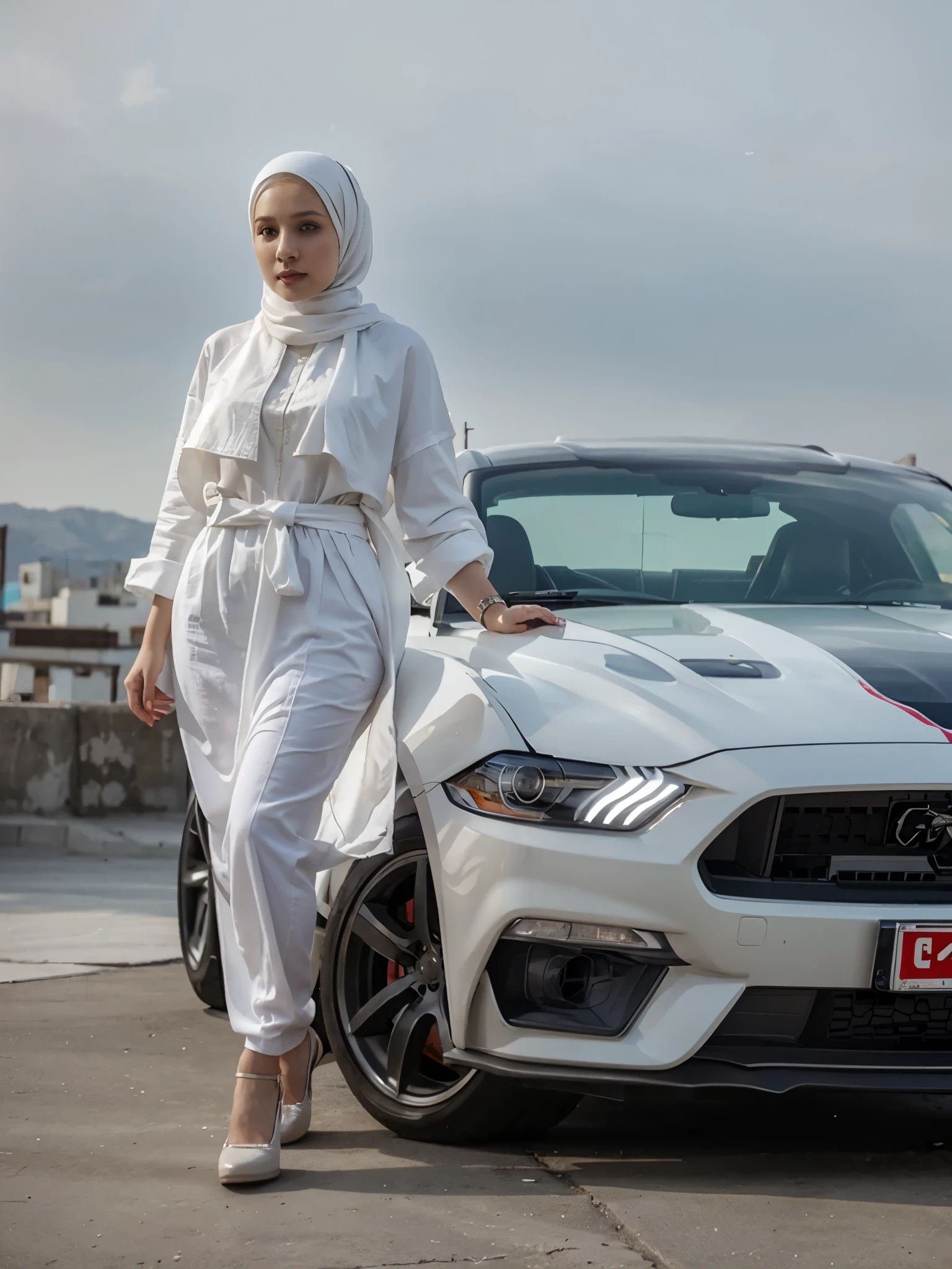 Girl white hijab with mustang