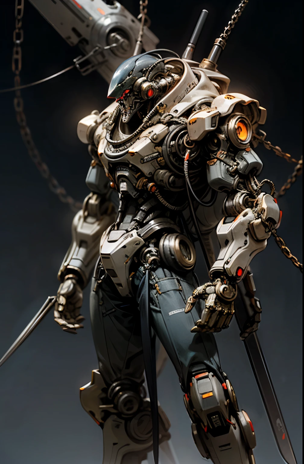 Dark_Fantasy,Cyberpunk,(chain weapon, chain man,Red:1.1),1man,Mechanical,Robotic presence,Cybernetic guardian, darkness background