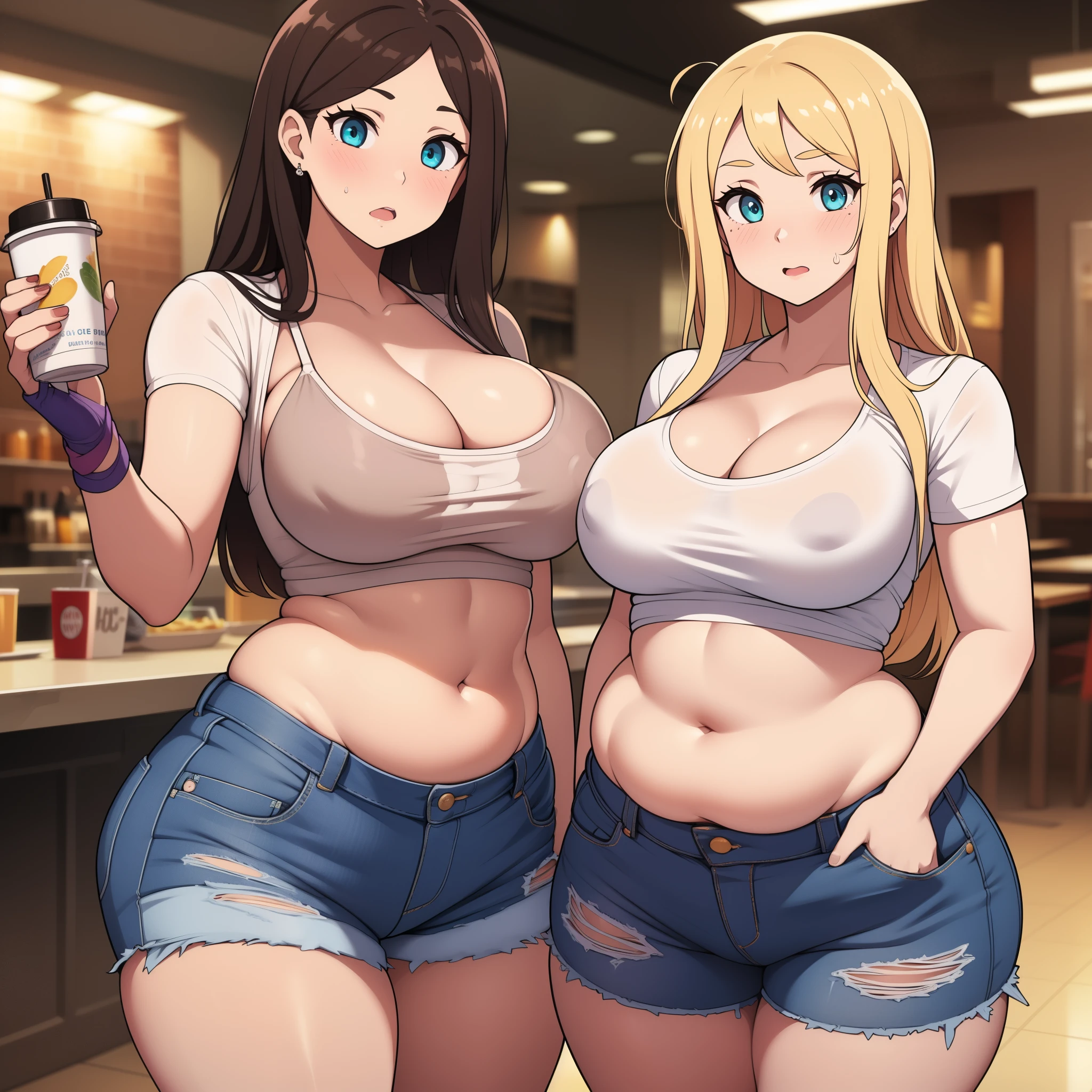 ((highres)), Masterpiece, high quality, best quality, beautiful, perfect lighting, detailed face, ultra cute face, (blush), ((2girls)), one girl has blonde hair, blue eyes, crop top and shorts, one girl has brown hair, green eyes, jeans, white shirt, tight clothes, one girl has, fast food restaurant, medium breasts, cleavage, ((wide hips)), (thick thighs), ((chubby)), pudgy belly, fat folds, standing,