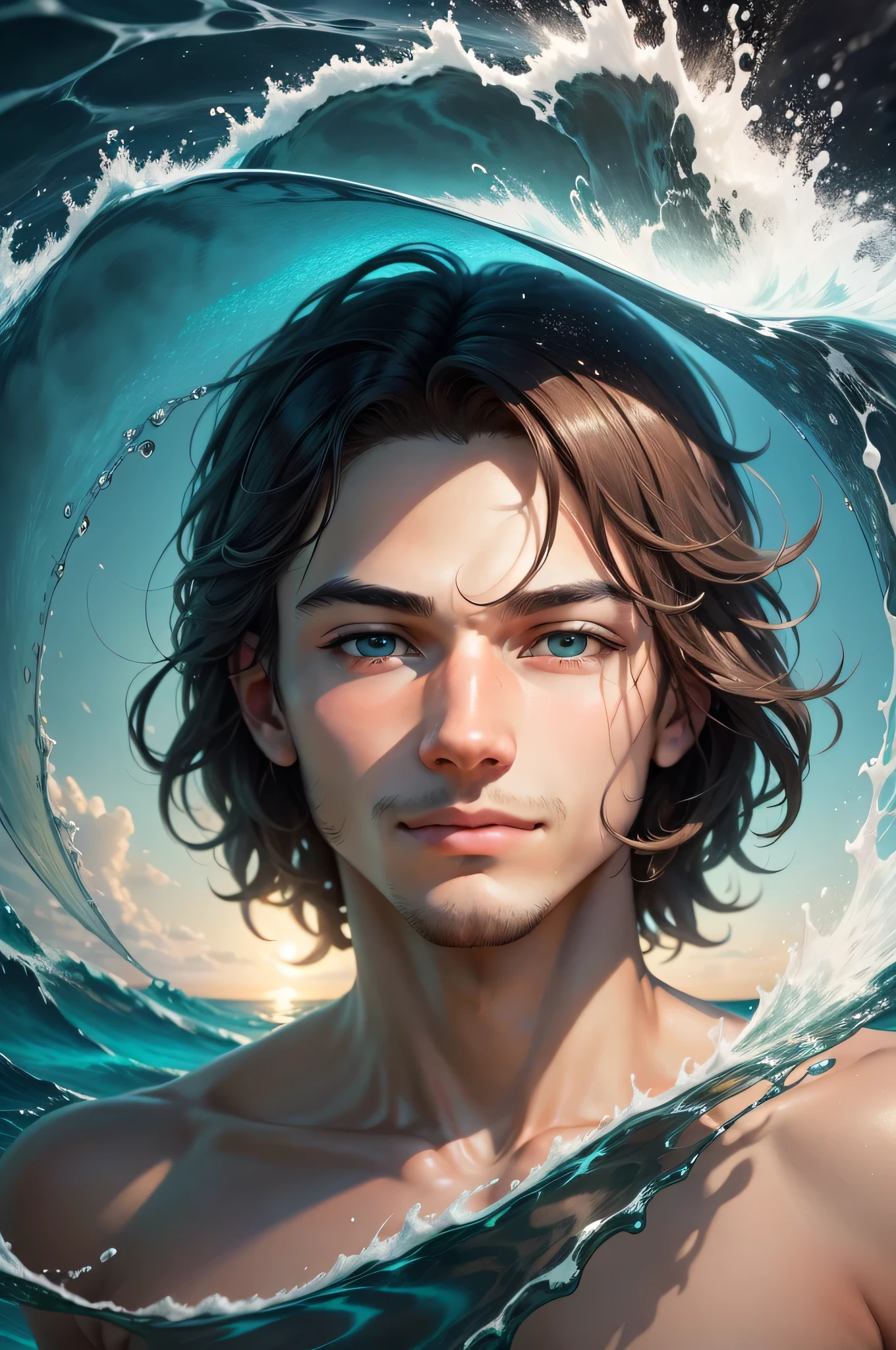 "Please draw a man swimming under the sea with facial expressions of pleasure and nervousness. His eyes looked ahead, his expression a little between nervousness and pleasure. His body may be a little uncertain, and the expression on his face is a balance between pleasure and tension underwater. " --auto --s2