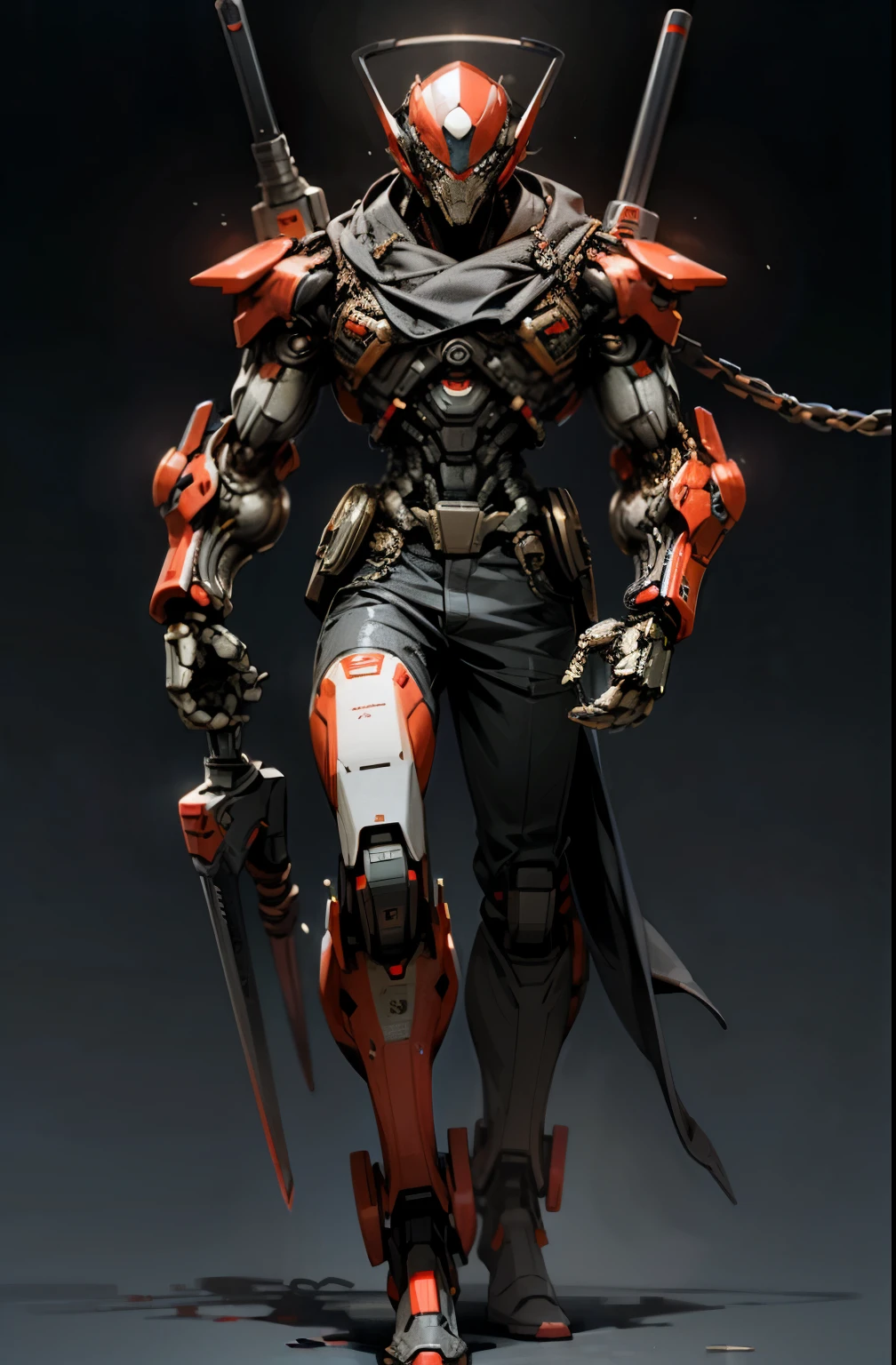 Dark_Fantasy,Cyberpunk,(chain weapon, chain man,Red:1.1),1man,Mechanical,Robotic presence,Cybernetic guardian, darkness background