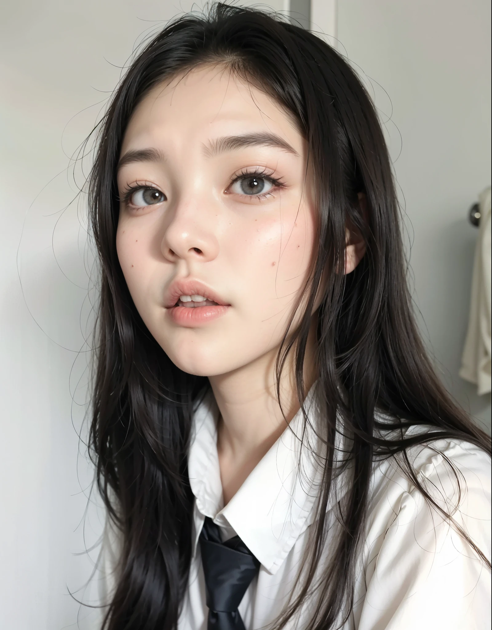 There is a long-haired woman wearing a tie and white shirt, maquiagem coreana popular, maquiagem sul-coreana popular, cruel korean goth girl, coreana, Ulzzang, beautiful aesthetic face, rosto sexy com maquiagem completa, young lovely korean face, beautiful pale makeup, korean symmetrical face, lindo rosto de garotas japonesas, beautiful asian girl, Korean facial features