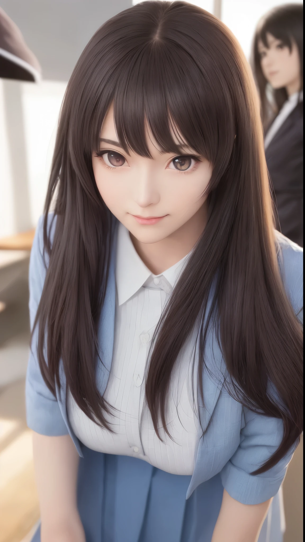 Animated girl posing with two other people in the background, Beautiful anime high school girl, beautiful anime girl, Attractive anime girl, beautiful alluring anime , pretty anime girl, Ilya Kuvshinov long hair, Beautiful anime woman, Portrait anime girl, seductive anime girls, Smooth anime CG art, Beautiful anime portrait, cute anime girl portraits
