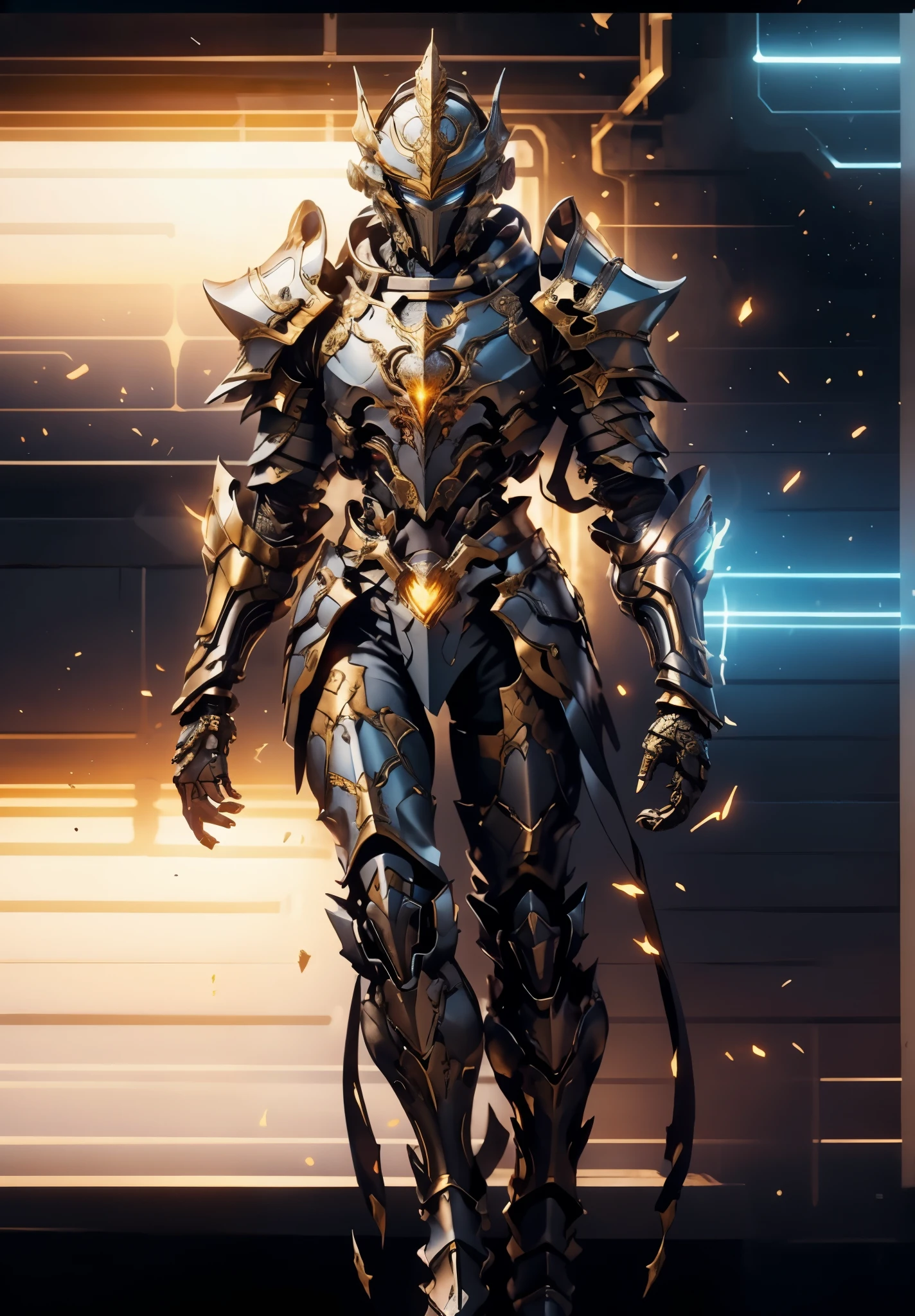 A woman adorned in fantasy-style full-body armor, a crown-concept fully enclosed helmet that unveils only her eyes, a composite layered chest plate, fully encompassing shoulder and hand guards, a lightweight waist armor, form-fitting shin guards, the overall design is heavy-duty yet flexible, the armor gleams with a golden glow, complemented by red and blue accents, exhibiting a noble aura, she floats above a fantasy-surreal high-tech city, this character embodies a finely crafted fantasy-surreal style armored hero in anime style, exquisite and mature manga art style, goddess, femminine, long legs, metallic, elegant, high definition, best quality, highres, ultra-detailed, ultra-fine painting, extremely delicate, professional, anatomically correct, symmetrical face, extremely detailed eyes and face, high quality eyes, creativity, RAW photo, UHD, 32k, Natural light, cinematic lighting, masterpiece-anatomy-perfect, masterpiece:1.5