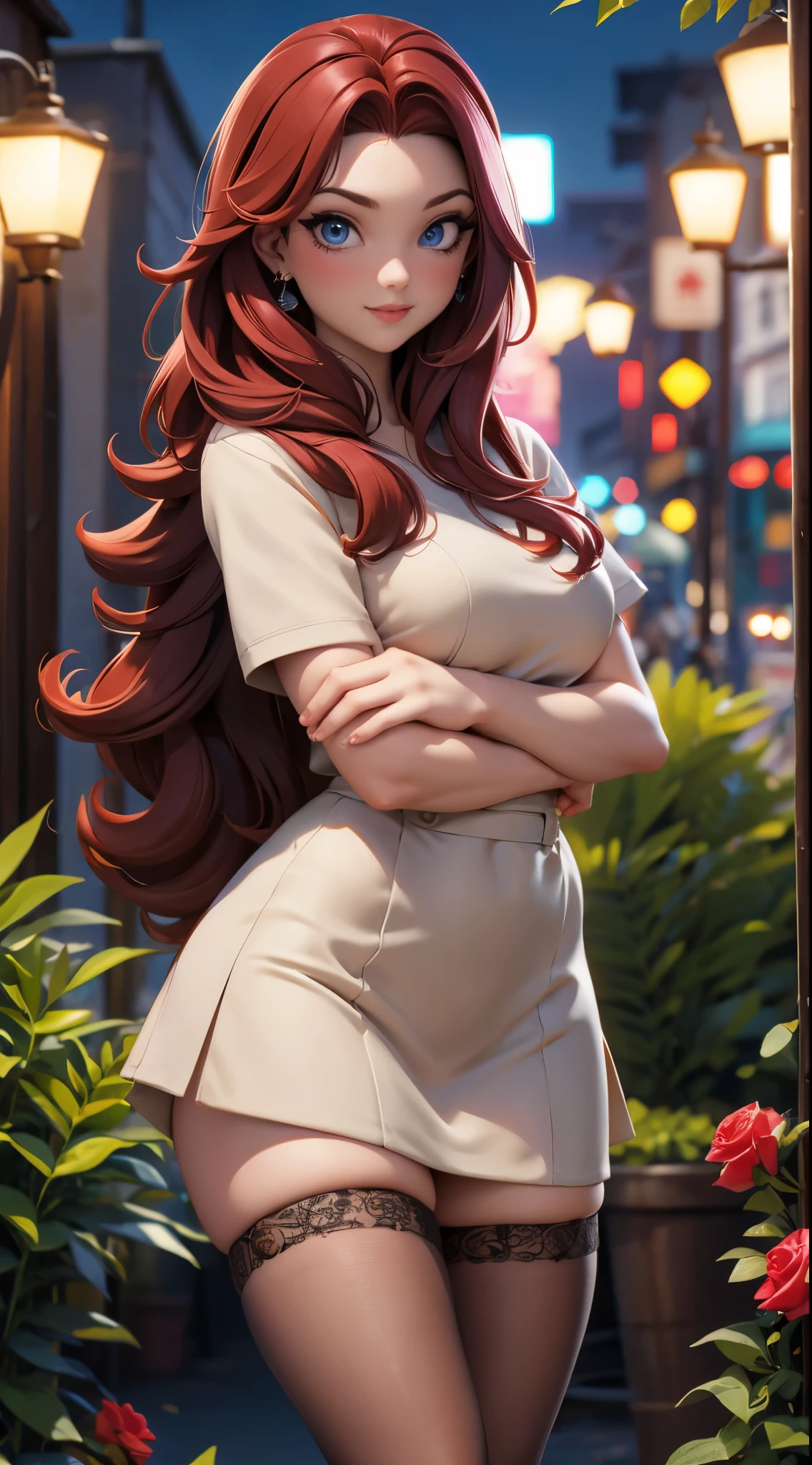 (best quality,4k,highres,masterpiece:1.2),ultra-detailed,realistic,photorealistic:1.37,portrait,dark background,brunette woman,21 years old,thin and small,elegant light gray dress,red hair,bright red lipstick,beautiful detailed eyes,beautiful detailed lips,high stocking,full body,garden in the night,soft lighting,serene atmosphere,vivid colors,bokeh