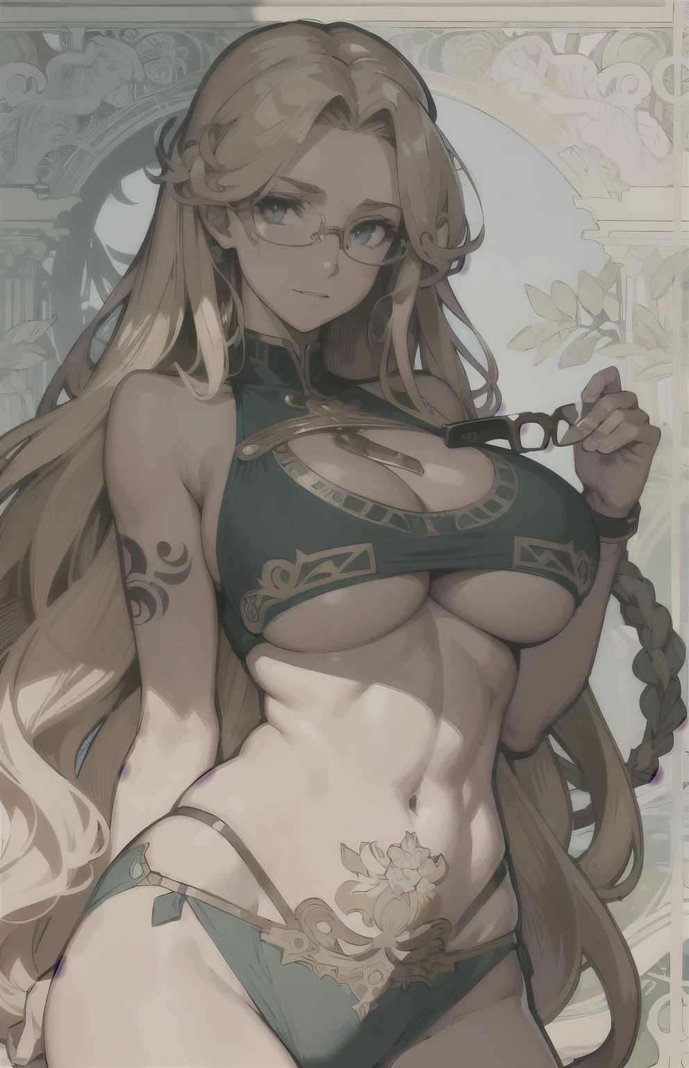 European female , long curly hair, blond, flora background, glasses, bikini, tattoo, sleeveless bra, underboob, by Alphonse Mucha