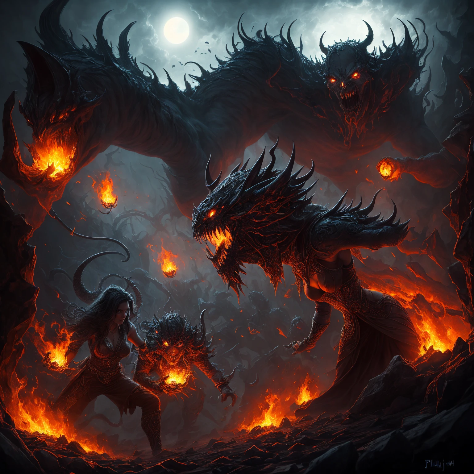art by Phil Koch, Meghan Howland A scary breathtaking Ghost Jinnat, Jinn, Demon, Ifrit, horror, haunted, ghost, night scary, luminism, ultra highly detailed, 32 k, Fantastic Realism complex background, dynamic lighting, lights, digital painting, intricated pose, highly detailed intricated