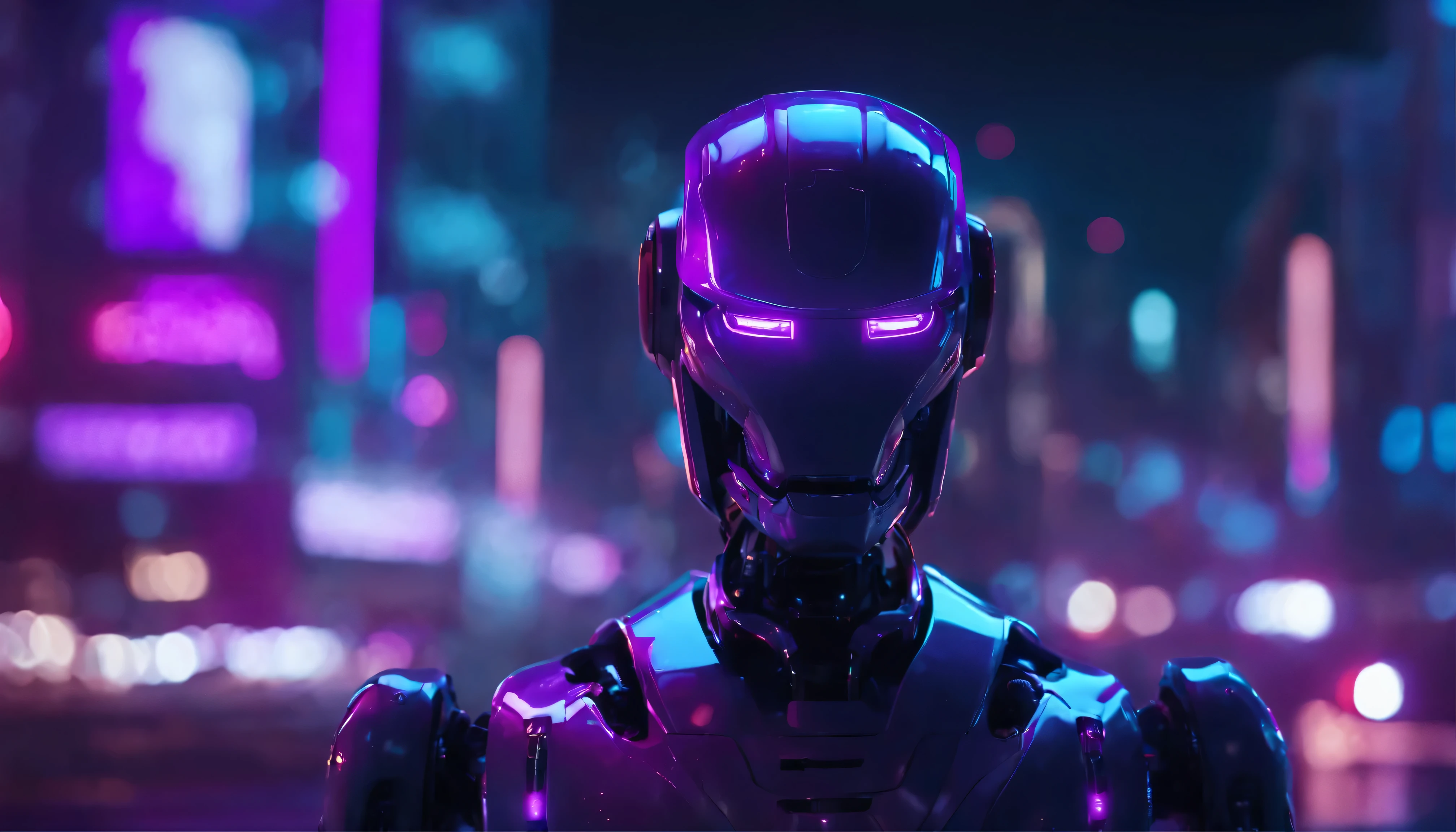 8k,robot,close up,Purple lights and buildings in the background