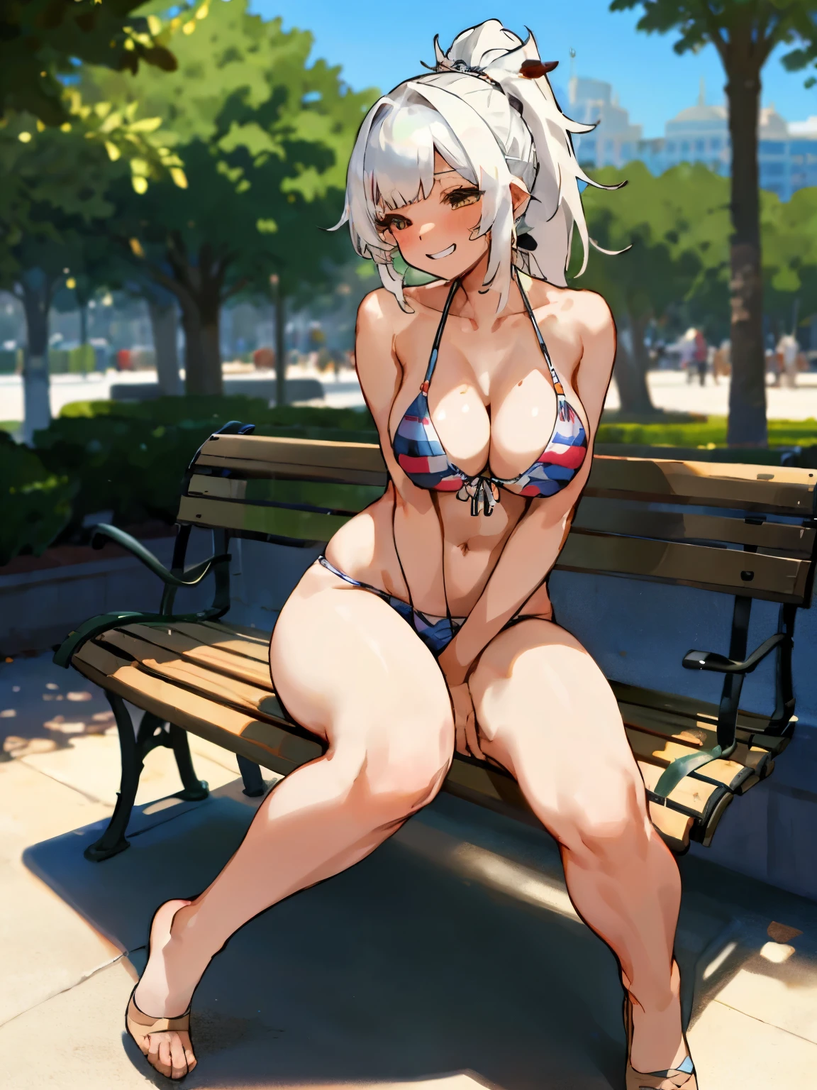 1girl,
grin, solo, female masturbation, full body view, park bench, large breasts, bikini, white hair, ponytail with wispy bangs