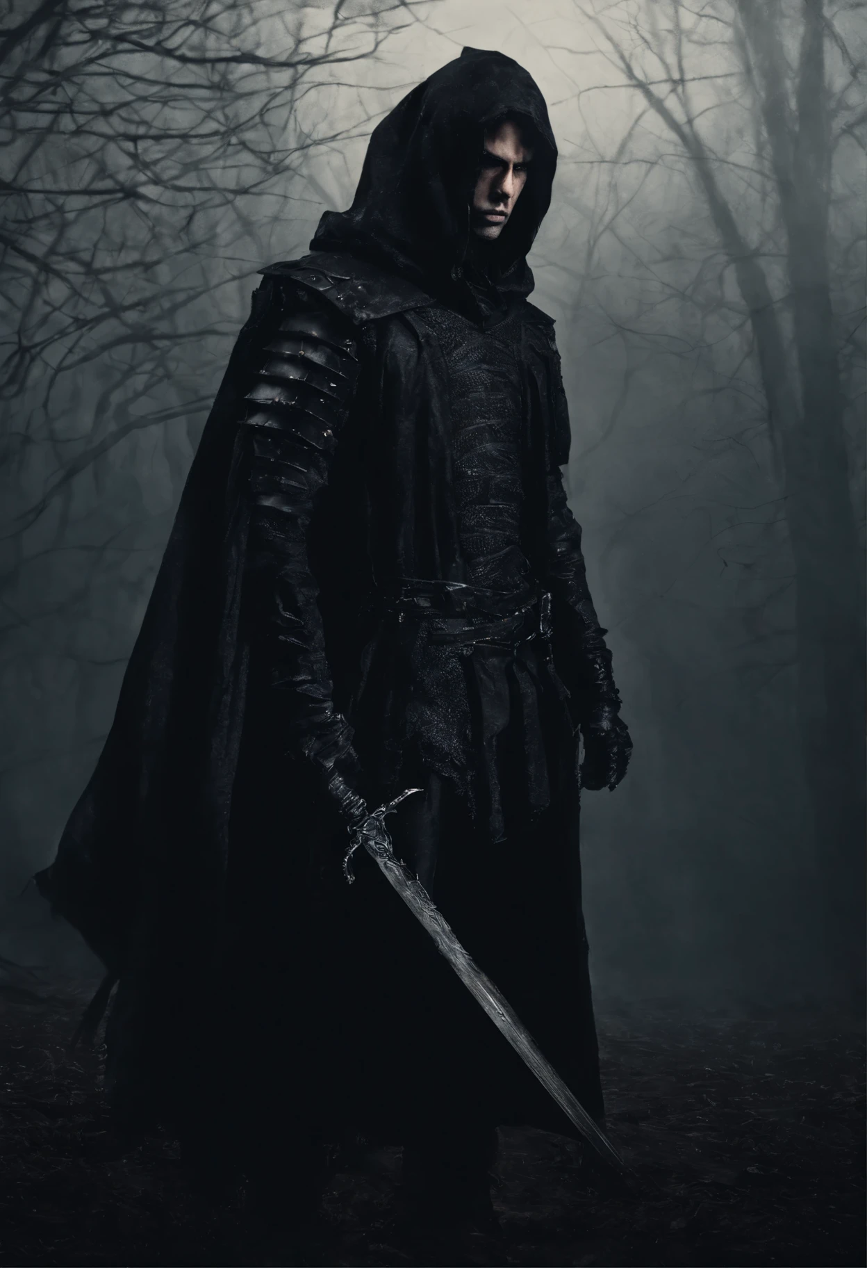 Handsome young man, warrior, 18 years, Black Armor, Sword on the back, black cloak, Brown hair, Brown eyes. depressed face and dead look, dark fog in the background.