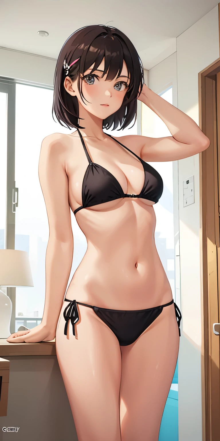 A girl, wearing a bikini, room in the background