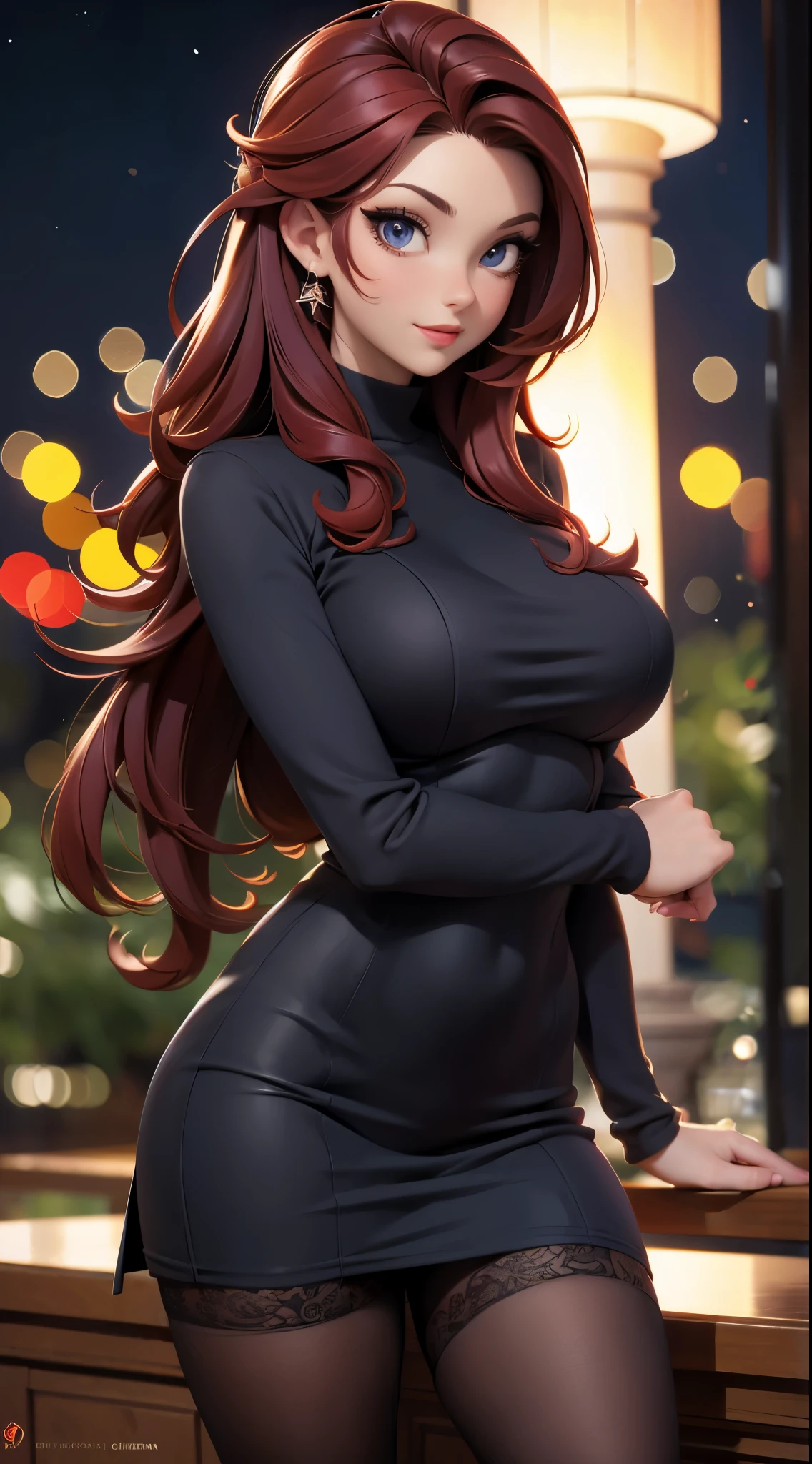 (best quality,4k,highres,masterpiece:1.2),ultra-detailed,realistic,photorealistic:1.37,portrait,dark background,brunette woman,21 years old,thin and small,elegant light gray dress,red hair,bright red lipstick,beautiful detailed eyes,beautiful detailed lips,high stocking,full body,garden in the night,soft lighting,serene atmosphere,vivid colors,bokeh