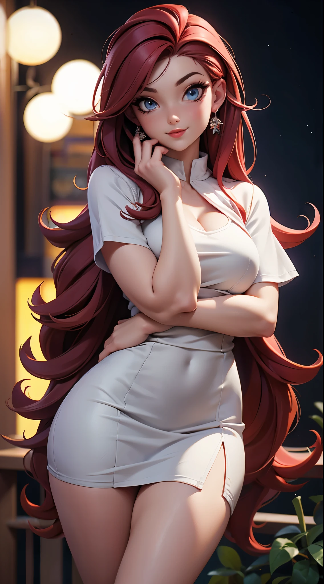 (best quality,4k,highres,masterpiece:1.2),ultra-detailed,realistic,photorealistic:1.37,portrait,dark background,brunette woman,21 years old,thin and small,elegant light gray dress,red hair,bright red lipstick,beautiful detailed eyes,beautiful detailed lips,high stocking,full body,garden in the night,soft lighting,serene atmosphere,vivid colors,bokeh