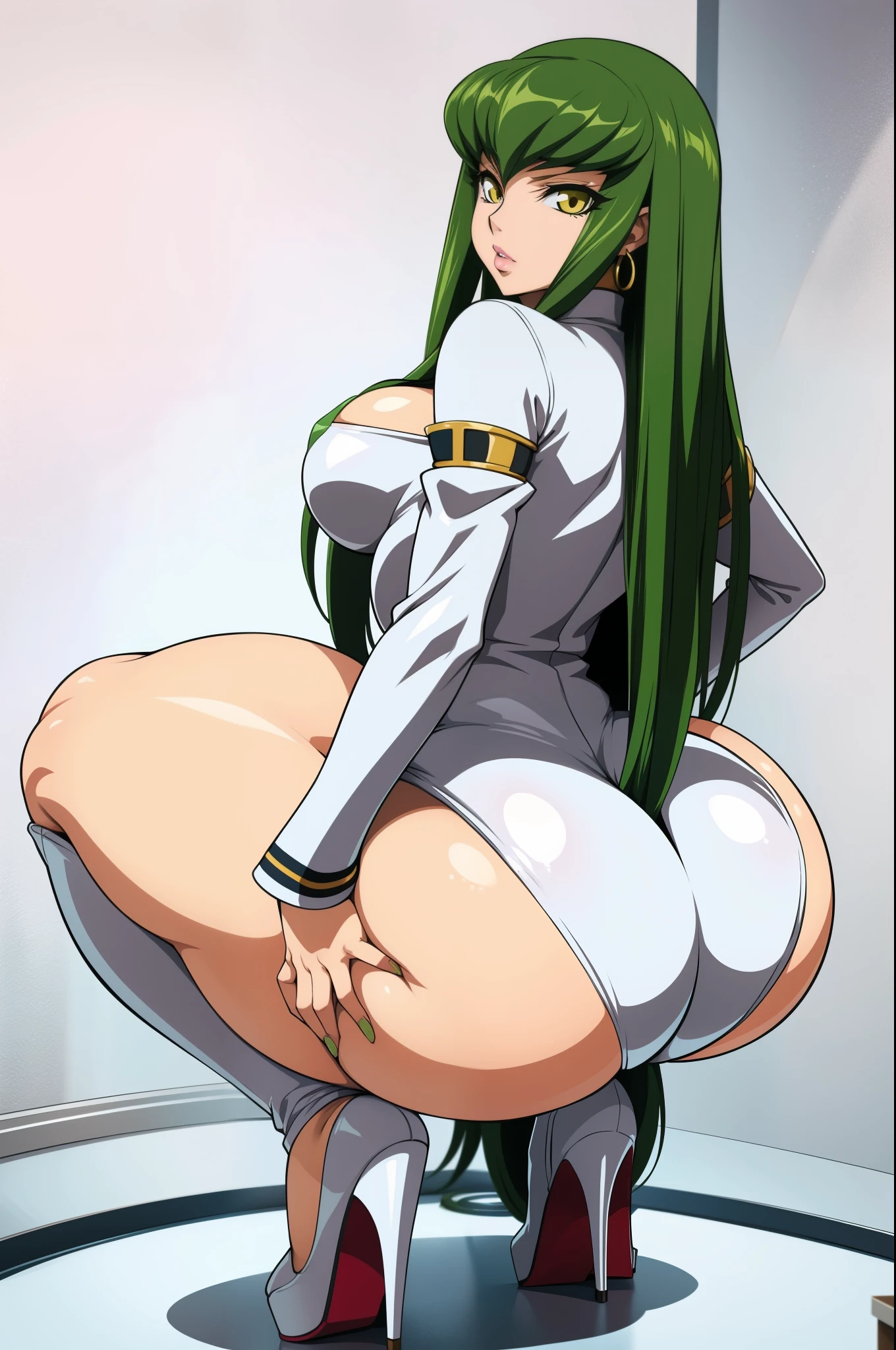 Code Geass, C.C, 1girl, (((bimbo))), long green hair, yellow eyes, ear rings, puffy lips, painted lips, thick lips, wide hips, thick thighs, small round breast, huge ass, revealing cleavage, erotic, sexy face, bubble butt, Brazilian butt lift, white suit, looking back, ass posing, high heels, full body, legs posing,