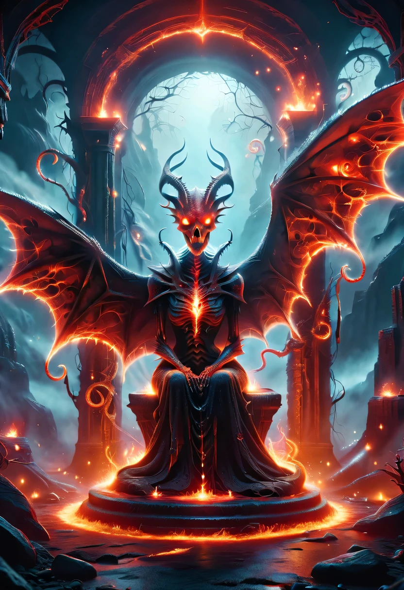 hell,Dark Overlord,nether creatures,masterpiece:1.2,Super detailed,gothic art,Gloomy atmosphere,Ominous red and black color scheme,majestic throne,Flying bats,Devil's mark,Hauntingly beautiful forest,crimson fire,Ominous eyes penetrate the darkness,cloaked figure,ethereal mist,ominous spell,Skeleton Army,hot sulfur,ruthless minions,summon portal,Fascinating spell book,otherworldly creatures emerging from the shadows,Ominous moonshine,The cracked earth reveals its fiery depths,hell般的建筑,enchanted weapons,Scarred face,blood red aura,The witch's cauldron.