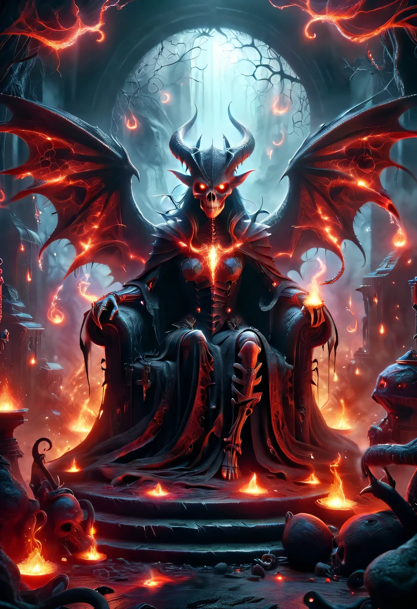 hell,Dark Overlord,nether creatures,masterpiece:1.2,Super detailed,gothic art,Gloomy atmosphere,Ominous red and black color scheme,majestic throne,Flying bats,Devil's mark,Hauntingly beautiful forest,crimson fire,Ominous eyes penetrate the darkness,cloaked figure,ethereal mist,ominous spell,Skeleton Army,hot sulfur,ruthless minions,summon portal,Fascinating spell book,otherworldly creatures emerging from the shadows,Ominous moonshine,The cracked earth reveals its fiery depths,hell般的建筑,enchanted weapons,Scarred face,blood red aura,The witch's cauldron.