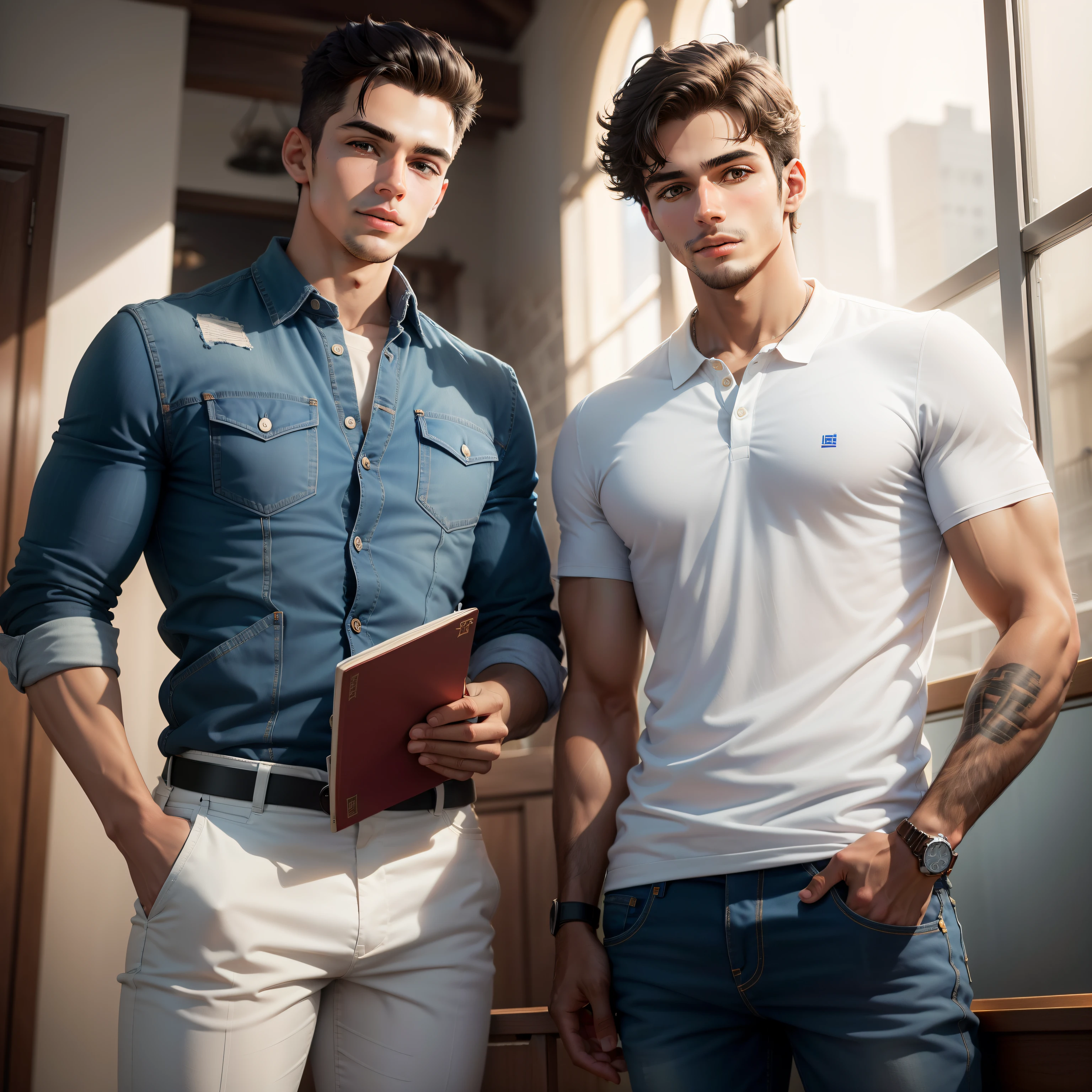 Dois jovens americanos homens olhando um para o outro. Um vestindo camisa polo azul, holding a bible and jeans and the other wearing white blouse with dark jacket. Evangelical church background.