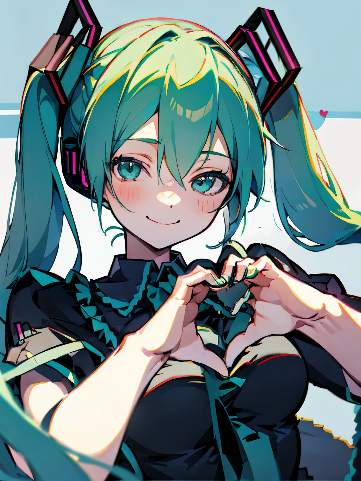 (heart hands, own hands together:1), mature female, smiling, festival stage, young adult, 20s, skinny, close up, hatsune_miku_ecsta,
hatsune miku,
aqua hair,
aqua eyes,