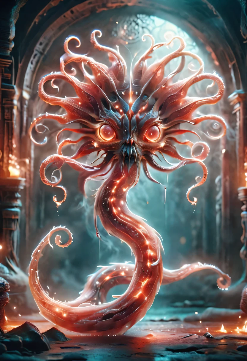 Flower of the other shore is charming，Mysterious Manzhu Shahua，The bloody ghost flower blooming at the gate of hell，Blood-red tentacles guide the souls of the past dead，Evil charm，flirtatious，Strange，gothic style，hell realm，magical beings，devilish landscape，unforgettable environment，hellish atmosphere，Fantastic lighting，bright colors，Surrealism，twisted anatomy，nightmarish creature，glowing eyes，weird shape