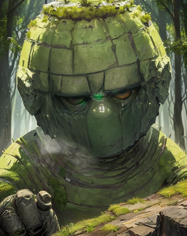 (masterpiece, best quality, (Solo, golem), golem, intricately detailed, clay, statue-like, high resolution, best lighting, realistically textured, magnified view, (animated golem), (detailed facial features), (moss-covered), (strong and menacing), holding a hammer, in a forest setting, sun setting, (realistic veins and tiny cracks), (expressive and lifelike), NSFW, (emotional portrayal), (labored breathing), (cracking and crumbling), (the golem's creator in the background), (intimate connection between golem and creator), (emotional moment between golem and