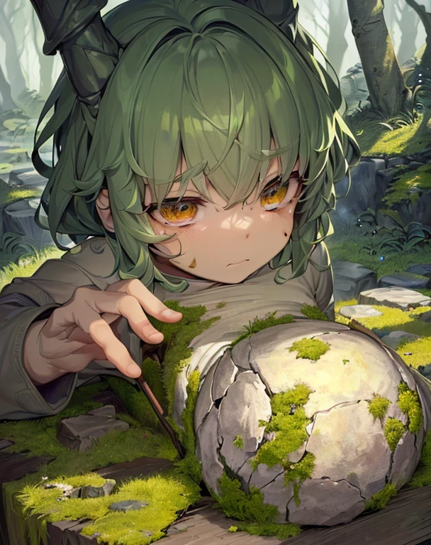 (masterpiece, best quality, (Solo, golem), golem, intricately detailed, clay, statue-like, high resolution, best lighting, realistically textured, magnified view, (animated golem), (detailed facial features), (moss-covered), (strong and menacing), holding a hammer, in a forest setting, sun setting, (realistic veins and tiny cracks), (expressive and lifelike), NSFW, (emotional portrayal), (labored breathing), (cracking and crumbling), (the golem's creator in the background), (intimate connection between golem and creator), (emotional moment between golem and