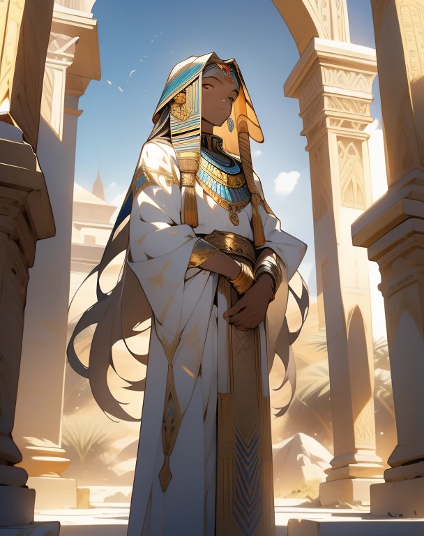 Ultra-realistic 8K CG, masterpiece, best quality, a mystical Sphinx, solo, enigmatic, ancient, with a proud and regal posture, guarding the entrance to a temple, sandy desert background, intricately detailed body with delicate patterns and complicated scales, piercing yellow eyes, long nose, and mysterious smile, surrounded by the warm golden sun and the tranquil blue sky, the grandeur of ancient Egypt awakening a sense of wonder and awe, Kizi, no clothing, long white hair, arms crossed, captivating the attention of all who approach, a true enigma wrapped in a riddle.