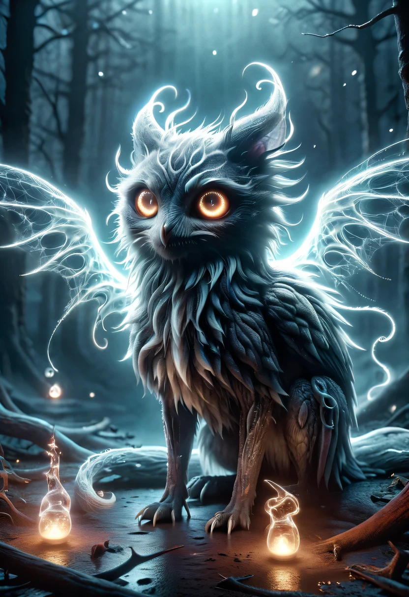(best quality, high resolution, actual:1.37), dark and mysterious atmosphere, Weird glowing eyes, Menacing creatures, ethereal shadow, magic fog, Unforgettable scenery, suractual dream-like setting, otherworldly aura, Supernatural powers, Intense and dramatic lighting, supernatural transformation, Twisted and distorted features, spectrogram, supernatural creature, Eerie howls and whispers, ethereal light, a charming yet ominous presence., Surreal and twisted reality, Supernatural powers在起作用, Ethereal and mysterious elements, Weird and disturbing atmosphere.