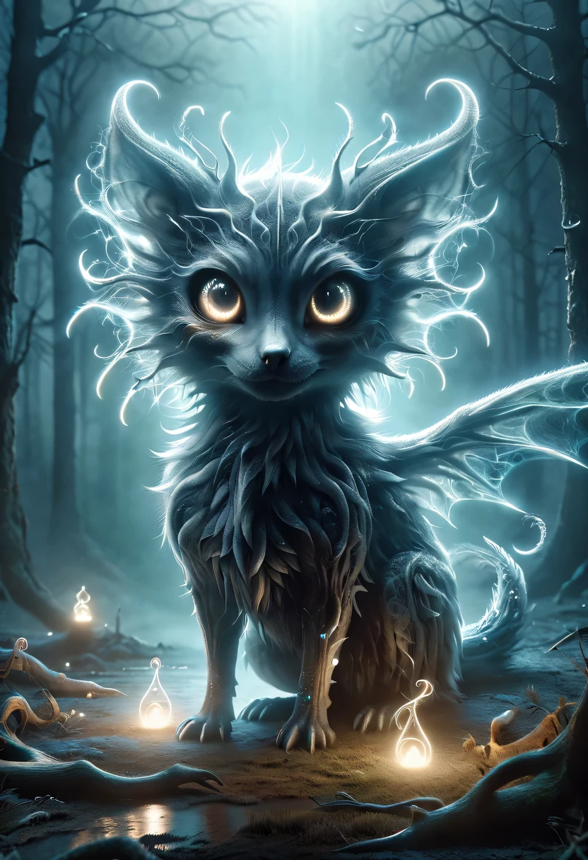 (best quality, high resolution, actual:1.37), dark and mysterious atmosphere, Weird glowing eyes, Menacing creatures, ethereal shadow, magic fog, Unforgettable scenery, suractual dream-like setting, otherworldly aura, Supernatural powers, Intense and dramatic lighting, supernatural transformation, Twisted and distorted features, spectrogram, supernatural creature, Eerie howls and whispers, ethereal light, a charming yet ominous presence., Surreal and twisted reality, Supernatural powers在起作用, Ethereal and mysterious elements, Weird and disturbing atmosphere.