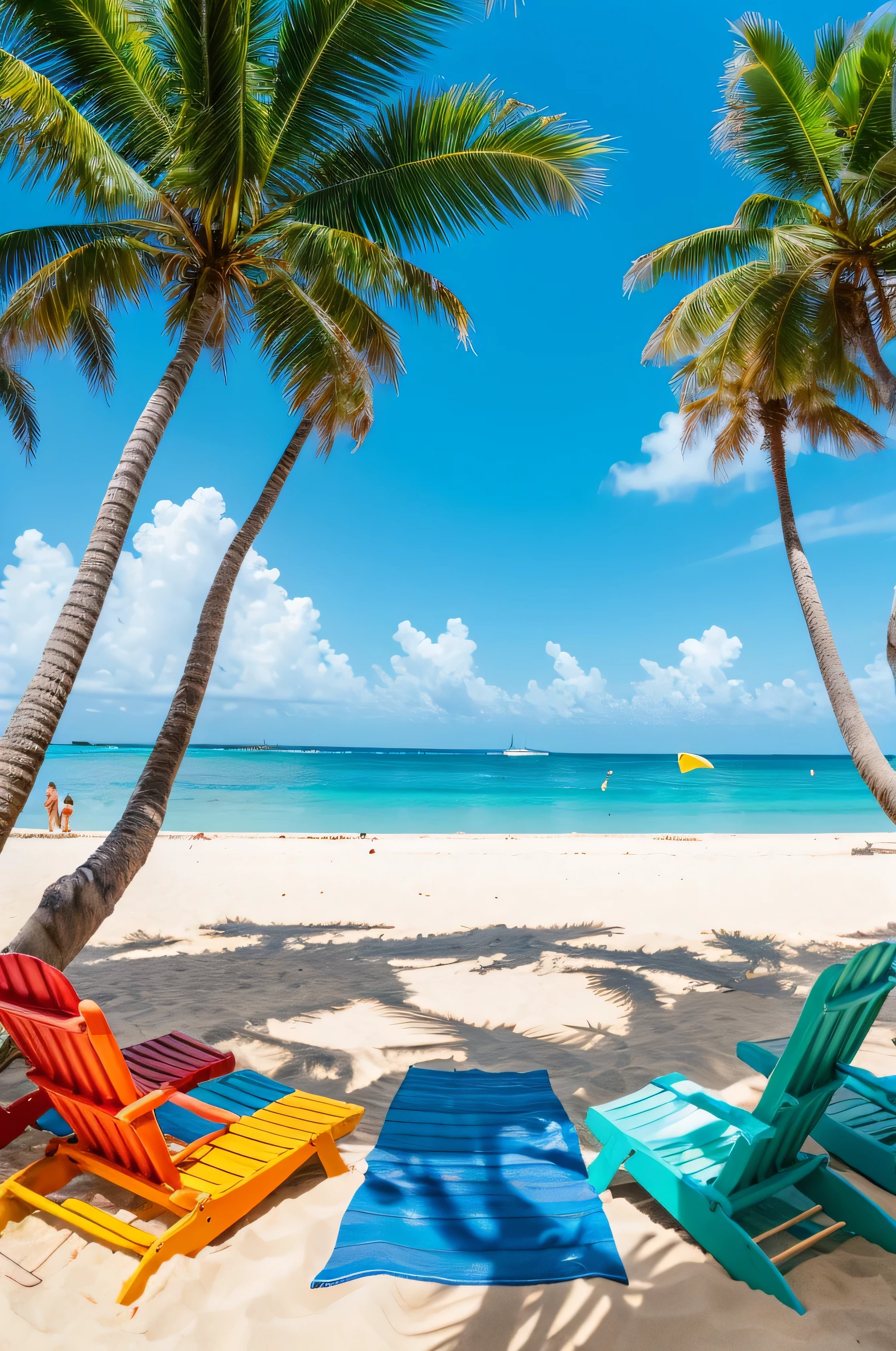 (best quality,4k,8k,highres,masterpiece:1.2),ultra-detailed,(realistic,photorealistic,photo-realistic:1.37),family on vacation,beach,lush palm trees,ocean waves gently crashing on the shore,golden sand,azure blue sky,sun shining brightly,children building sandcastles,parents relaxing under a beach umbrella,beach towels and colorful beach chairs,freshly squeezed tropical fruit juice,laughter and joy in the air,warm sea breeze,seagulls soaring above,footprints in the sand,ocean waves reflecting the sunlight,clear turquoise water,coconut trees swaying in the wind,playful dolphins swimming in the distance,crystal clear skies,white fluffy clouds,family laughter filling the air,happy memories being created,relaxation and tranquility,joyful splashes in the water,contentment and togetherness,blissful moments on the beach,vibrant beach umbrellas providing shade,tropical paradise vibes,exquisite beach scenery,unforgettable beach vacation