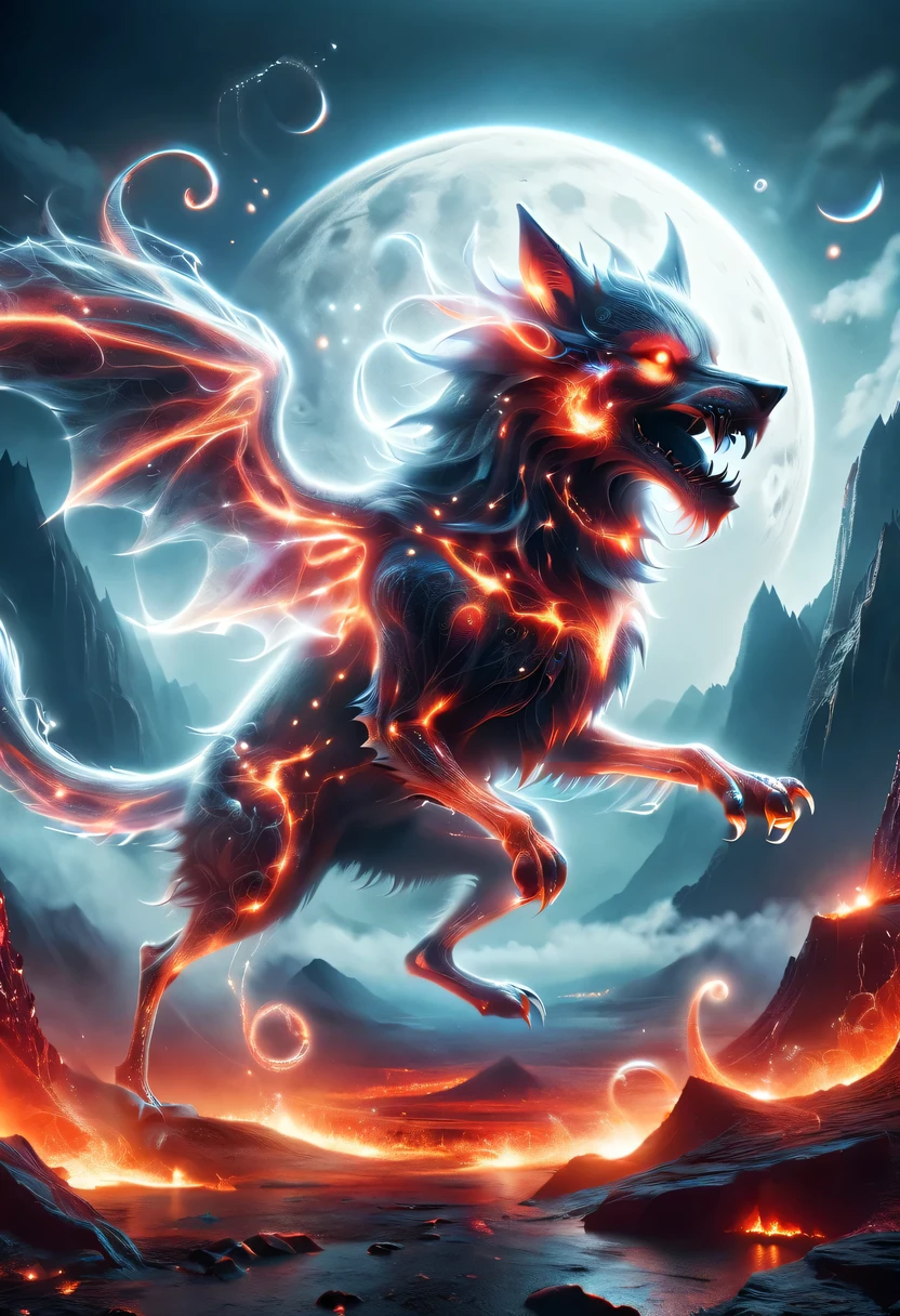 Demon World,Transparent Nightmare Wolf,magical beings,phantom attack,gothic style,hell realm,magical beings,devilish landscape,unforgettable environment,