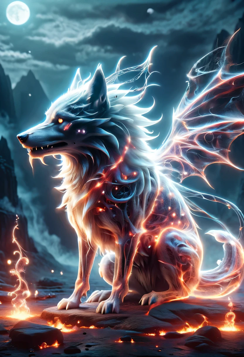 Demon World,Transparent Nightmare Wolf,magical beings,phantom attack,gothic style,hell realm,magical beings,devilish landscape,unforgettable environment,