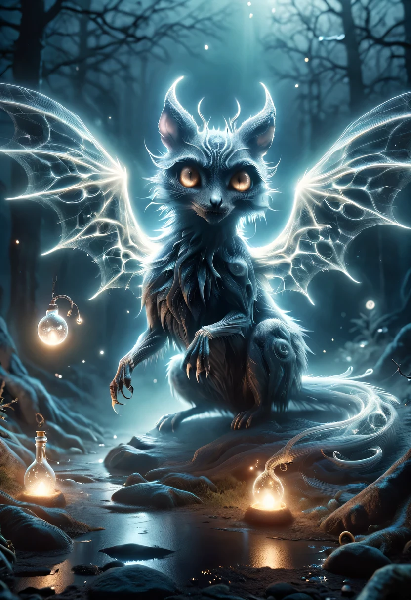 (best quality, high resolution, actual:1.37), dark and mysterious atmosphere, Weird glowing eyes, Menacing creatures, ethereal shadow, magic fog, Unforgettable scenery, suractual dream-like setting, otherworldly aura, Supernatural powers, Intense and dramatic lighting, supernatural transformation, Twisted and distorted features, spectrogram, supernatural creature, Eerie howls and whispers, ethereal light, a charming yet ominous presence., Surreal and twisted reality, Supernatural powers在起作用, Ethereal and mysterious elements, Weird and disturbing atmosphere.