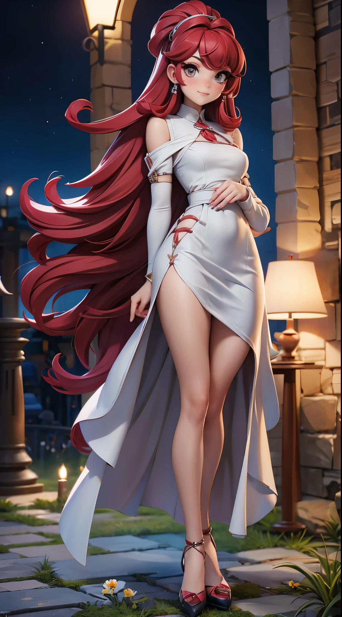envision a 8k, highres, cinematic, beautiful full body design sheet of a girl named Elizabeth Rose Bloodflame with long red hair, ahoge, hair ornament, earrings, sleeveless dress, white dress, asymmetrical dress, see-through cleavage, white belt, white jacket, off-shoulder, blue fire, black gloves, single glove, white thighhighs, single thighhigh, against a dark background