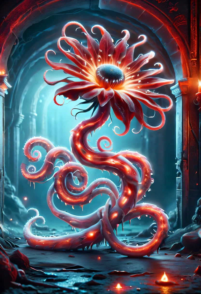 Flower of the other shore is charming,Mysterious Manzhu Shahua,The bloody ghost flower blooming at the gate of hell,Blood-red tentacles guide the souls of the past dead,Evil charm,flirtatious,Strange,gothic style,hell realm,magical beings,devilish landscape,unforgettable environment,hellish atmosphere,Fantastic lighting,bright colors,Surrealism,twisted anatomy,nightmarish creature,glowing eyes,weird shape