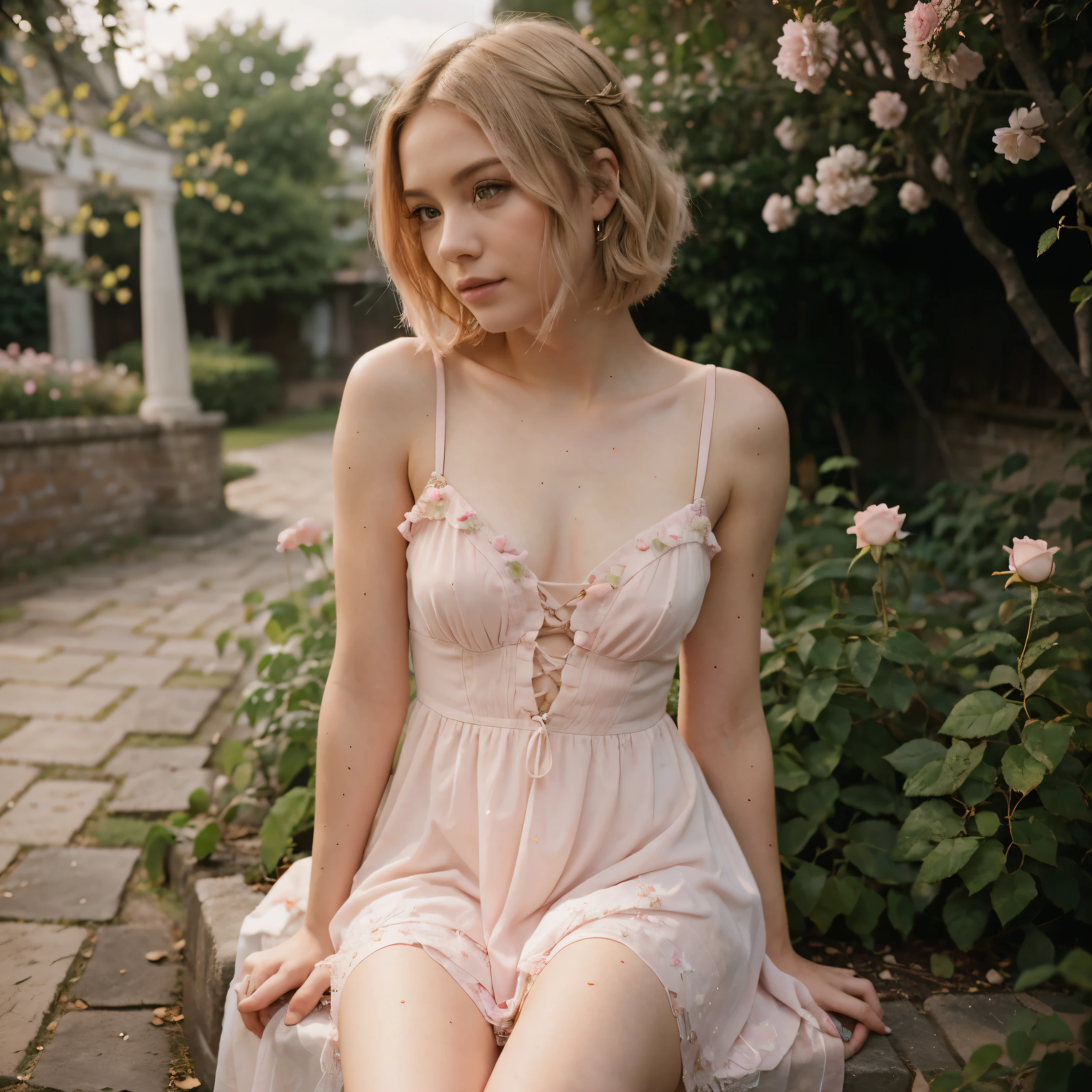 8k, RAW photo, Fujifilm, style photo of a beautiful young woman as avril in a garden of light pink roses (highly detailed skin: 1.2) Style-Petal BREAK short hair, blonde hair with colored locks, wearing a dress, film granulation, 35mm, cute style
