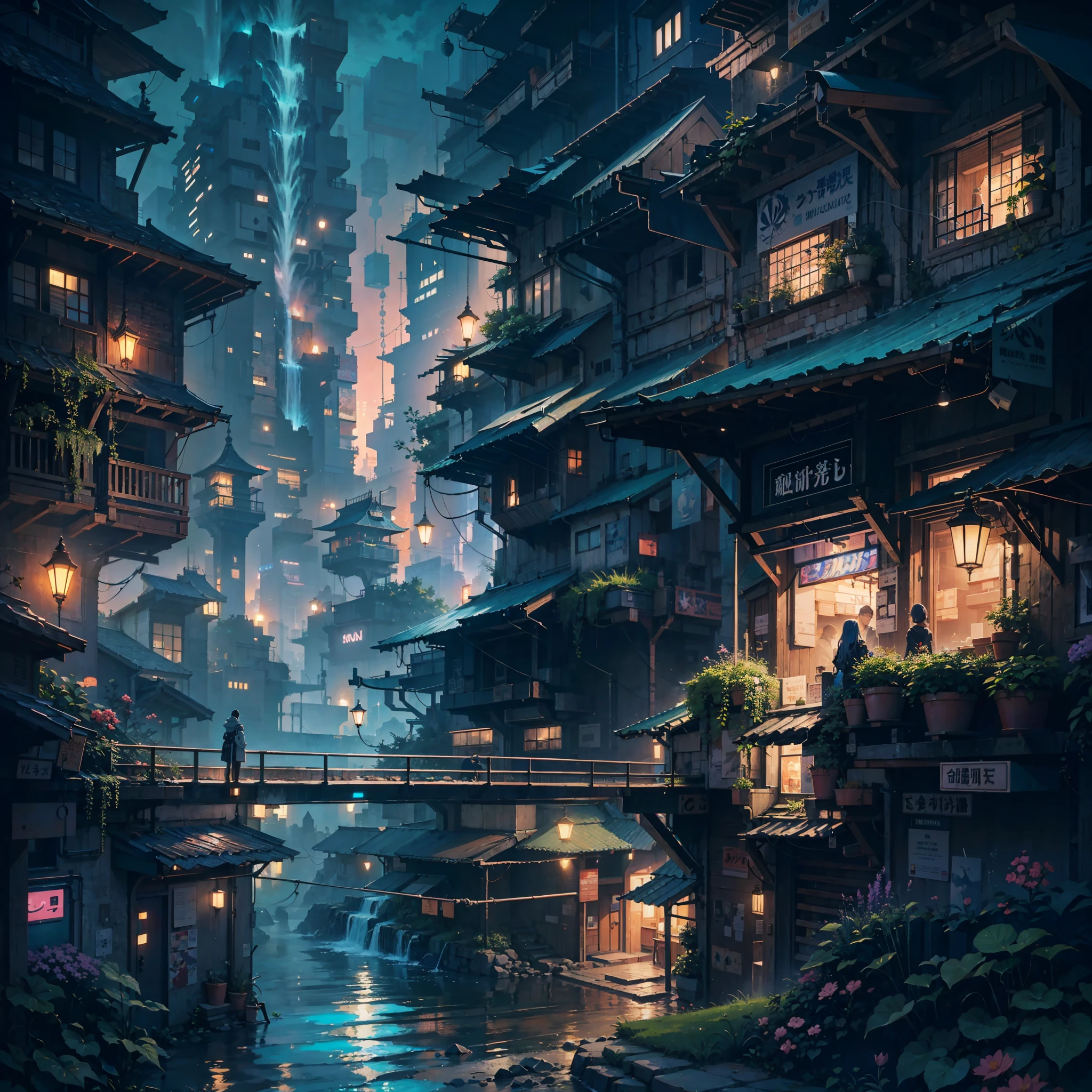 anime city at night with waterfall and waterfall in foreground, andreas rocha style, inspired by Andreas Rocha, lush foliage cyberpunk, ross tran. scenic background, the style of andreas rocha, anime background art, futuristic cyberpunk tokyo night, anime scenery concept art, by Andreas Rocha, anime style cityscape, beautiful cityscape, hd anime cityscape, amazing wallpaper