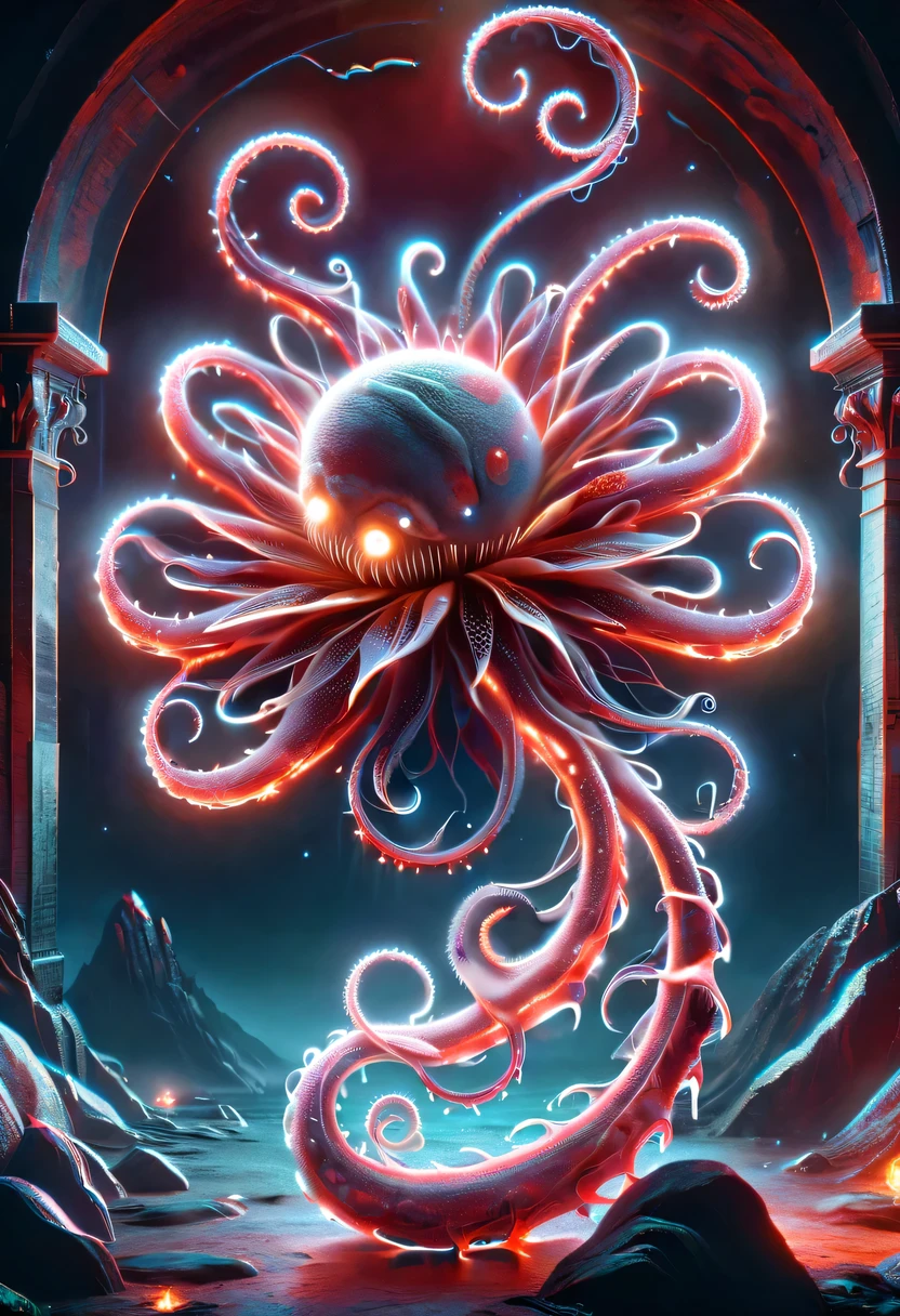 Flower of the other shore is charming,Mysterious Manzhu Shahua,The bloody ghost flower blooming at the gate of hell,Blood-red tentacles guide the souls of the past dead,Evil charm,flirtatious,Strange,gothic style,hell realm,magical beings,devilish landscape,unforgettable environment,hellish atmosphere,Fantastic lighting,bright colors,Surrealism,twisted anatomy,nightmarish creature,glowing eyes,weird shape