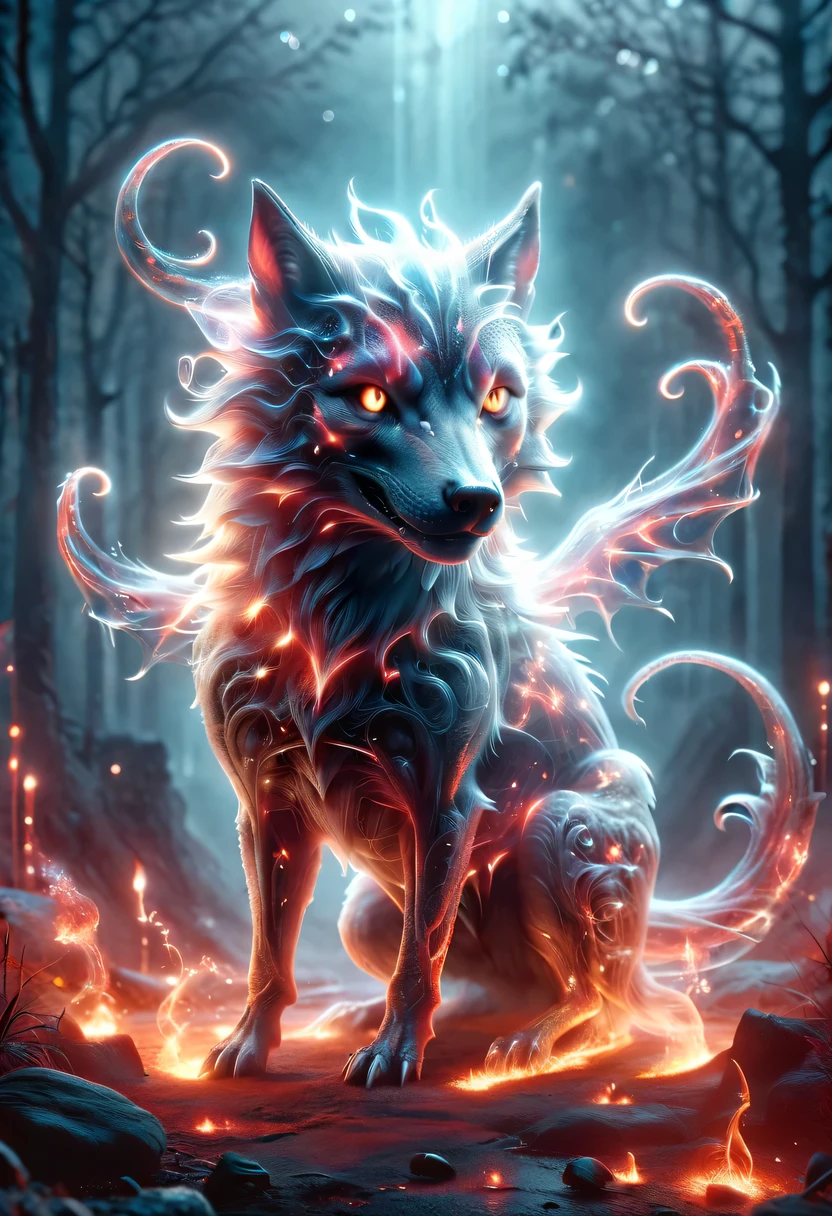 Demon World,Transparent Nightmare Wolf,magical beings,phantom attack,gothic style,hell realm,magical beings,devilish landscape,unforgettable environment,