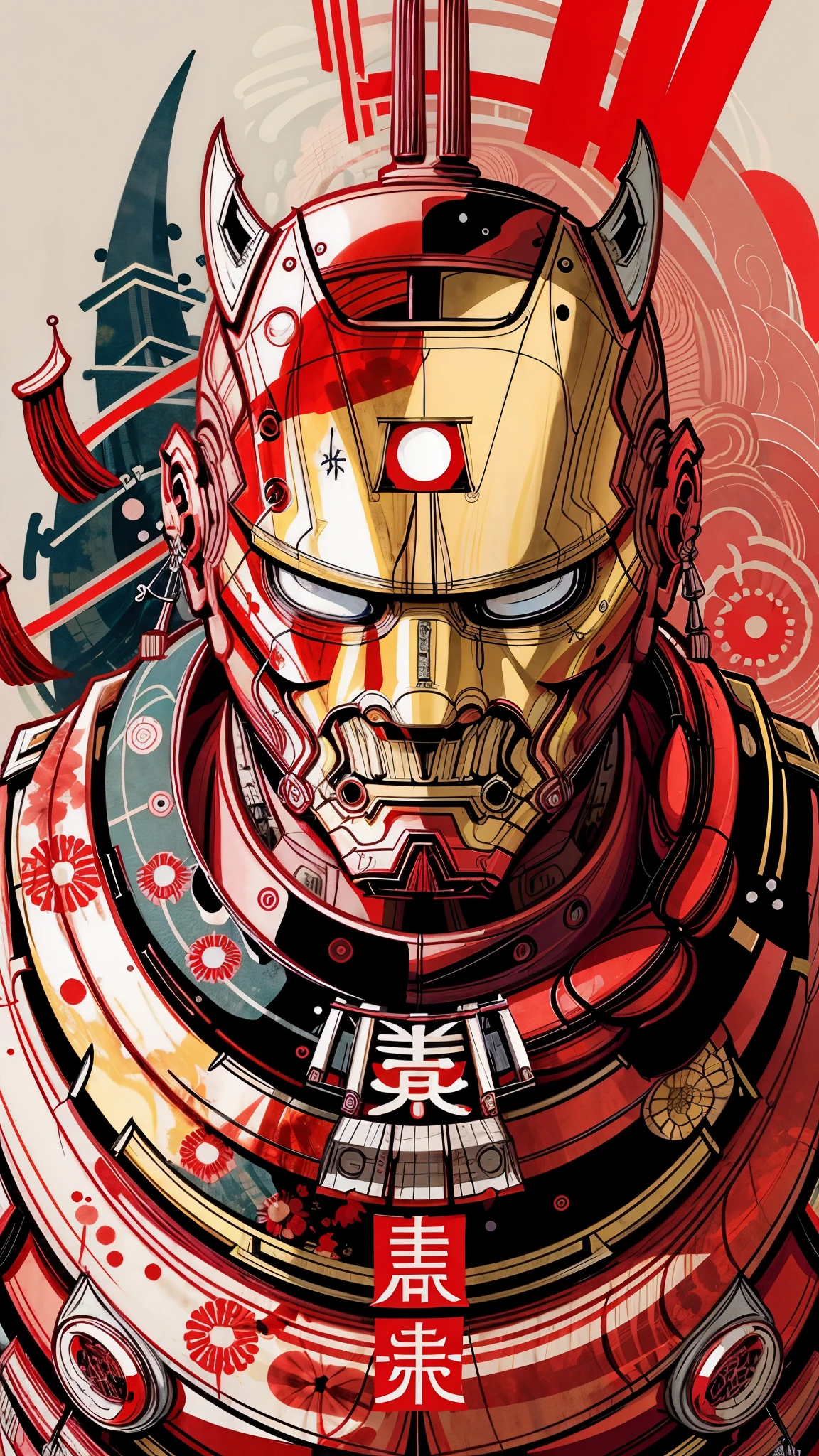 (japanese traditional painting，high high quality)Illustration of the mask style，High resolution 8K，Focus on the details, Iron Man mask masterpiece