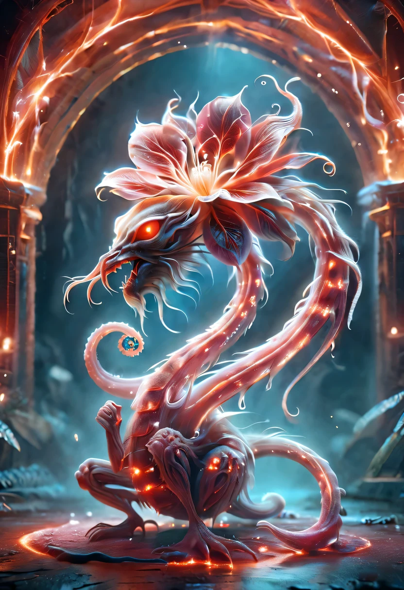 Flower of the other shore is charming,Mysterious Manzhu Shahua,The bloody ghost flower blooming at the gate of hell,Blood-red tentacles guide the souls of the past dead,Evil charm,flirtatious,Strange,gothic style,hell realm,magical beings,devilish landscape,unforgettable environment,hellish atmosphere,Fantastic lighting,bright colors,Surrealism,twisted anatomy,nightmarish creature,glowing eyes,weird shape