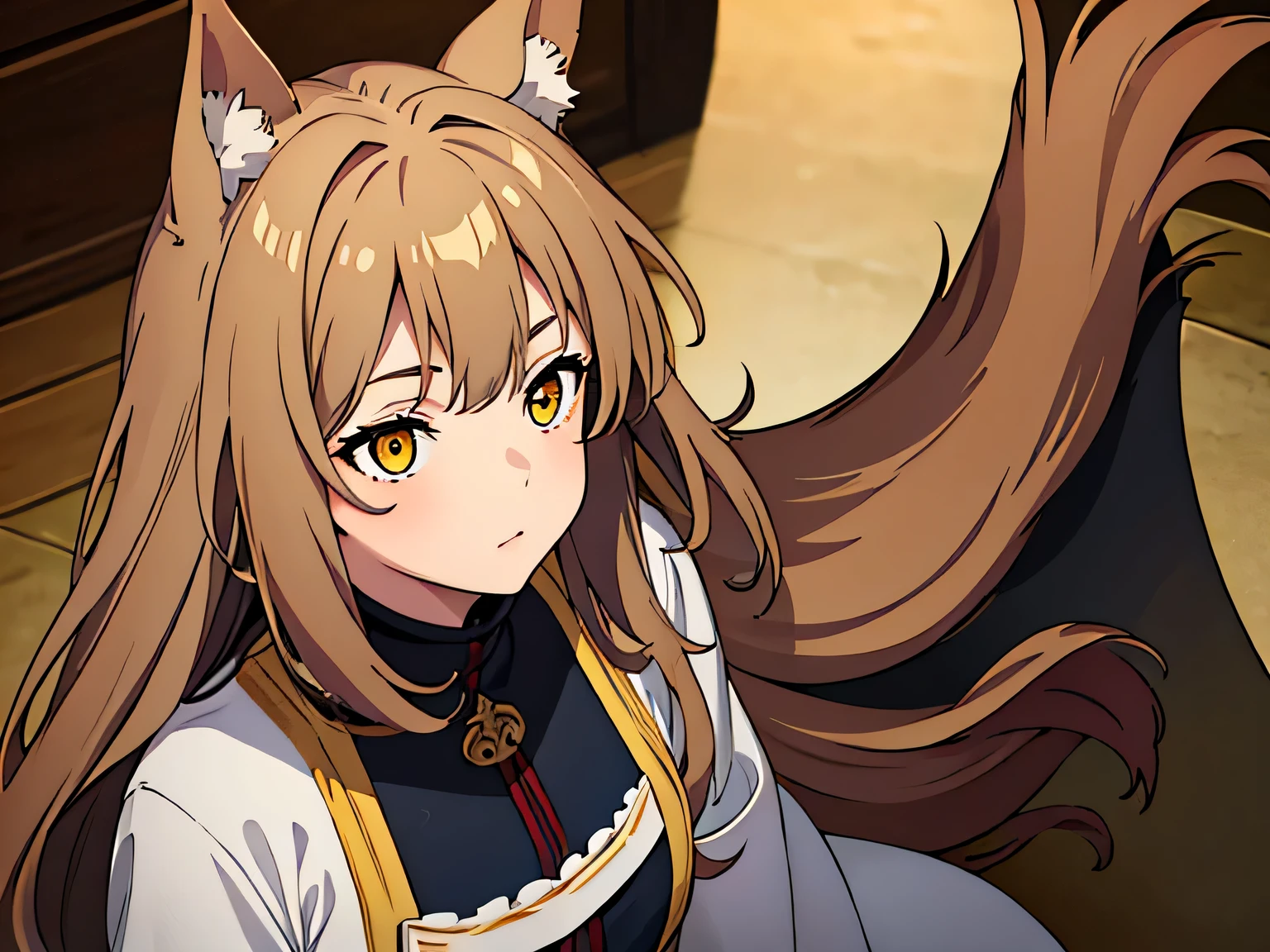 Best quality, masterpiece, 1 girl, yellow eyes, brown long hair, Vorishka, dog ears, Inu race, medieval simple clothing, Full Length