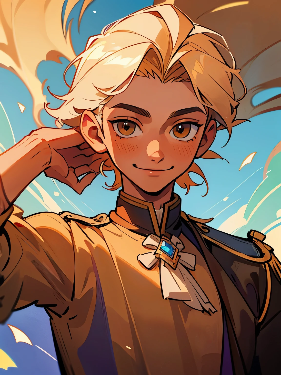 Nikolai is 20 years old, he has tanned skin, golden hair, shaved on one side and styled on the other, light brown eyes and slightly hooked nose, he has a beautiful face, "outlined by the features of a fairy-tale prince". He is described as extremely charming, handsome and smiling